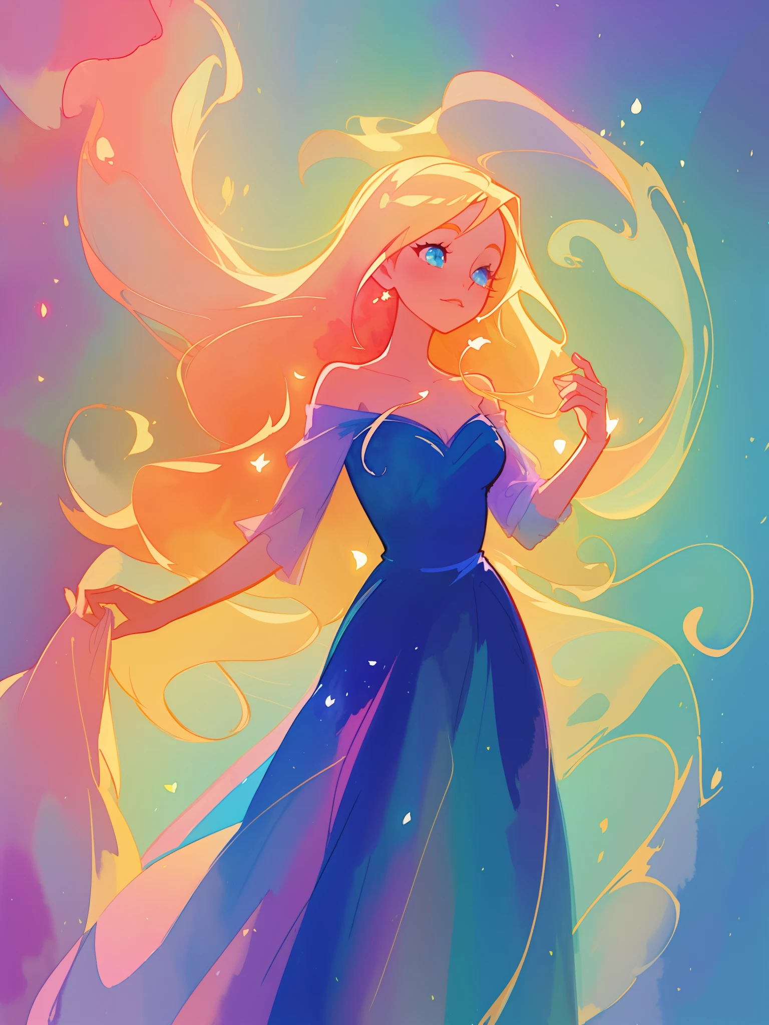beautiful girl in flowing colorful ballgown, fairy dress, long golden hair, colorful watercolor background, inspired by Glen Keane, inspired by Lois van Baarle, disney art style, by Lois van Baarle, glowing aura around her, by Glen Keane, jen bartel, glowing lights! digital painting, flowing glowing hair, glowing flowing hair, beautiful digital illustration, fantasia otherworldly landscape plants flowers, beautiful, masterpiece, best quality, anime disney style
