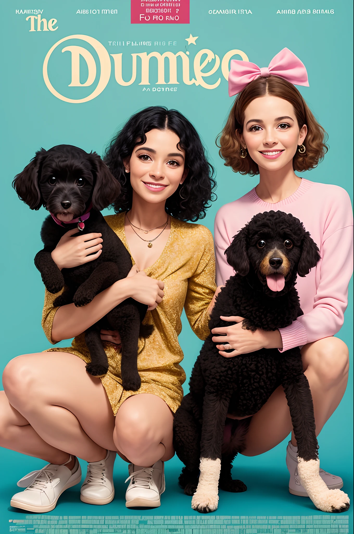 The Disney Pixar-inspired movie poster features a family with adorable and happy dogs on a colorful and vibrant background. Um poodle branco com olhos pretos e uma bandana azul, The mother is a young black woman with black curly hair, smiling and a female Shitzu puppy, White and brown with a small pink bow. The family is posing together, The poodle with the mother sitting and the cub sitting on the mother's lap. The poster is fun, colorido e cativante, assim como o filme que representa.