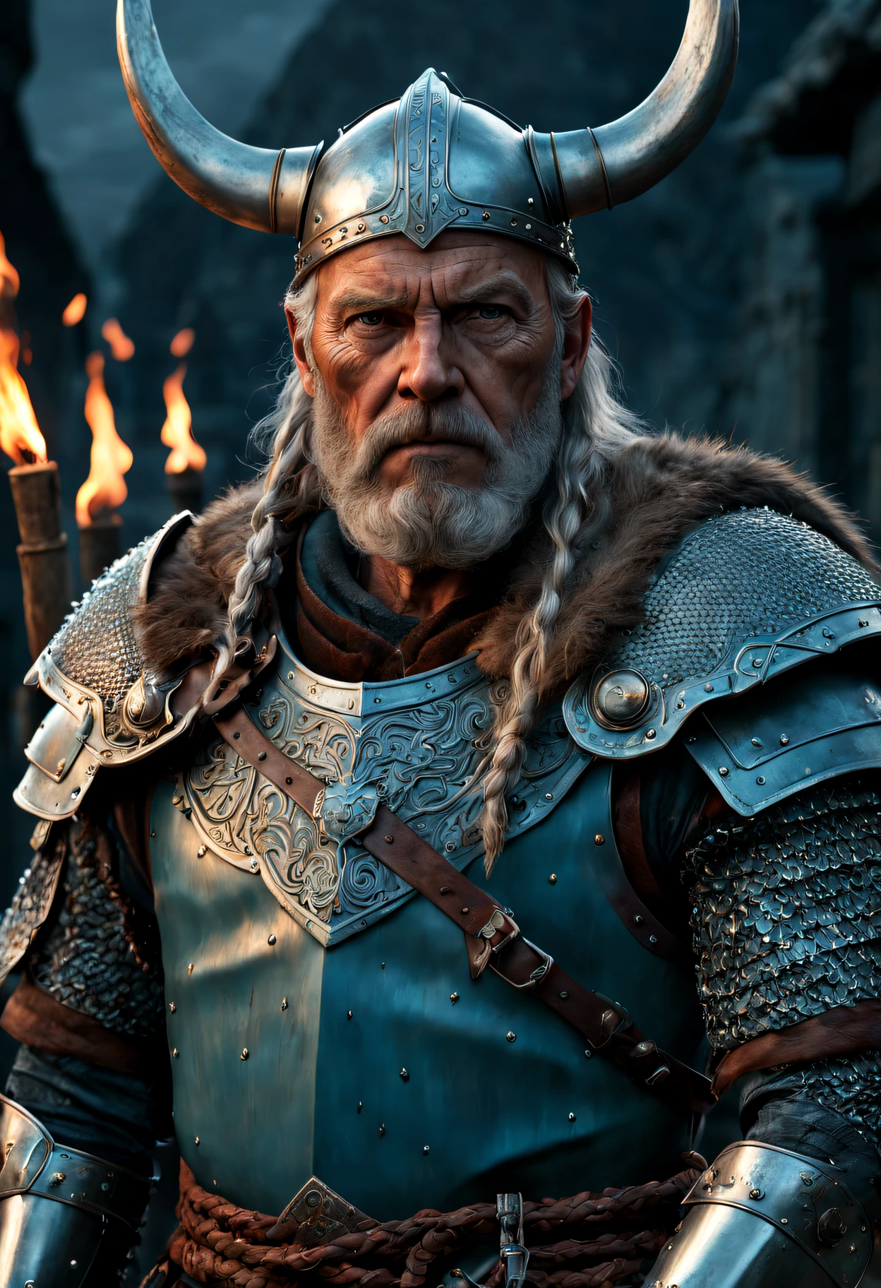 ~*~Breathtaking~*~ cinematic realistic shot in a movie scene, vibrant colors, highly detailed, presented in cinemascope, creating a moody atmosphere. aquamarine, Full body,, dynamic pose,, brutal armor, rusty, scattered scraps, sparkle, subdivision, angular design, in a futuristic warzone,, ruby_red, (Highest quality:1.3), cinematic shot, masterpiece, (sharp focus:1.5), (photorealistic:1.3), medium portrait of (a weary-looking but still proud and fierce-looking old Viking warrior, now the leader of his village, dressed in elaborately detailed chain mail and leather armour, a few torches burn on the walls, giving the scene a dark atmosphere but sculpting the forms in sharp chiaroscuro), it is night time, (highly detailed skin), (detailed face), detailed background, dark lighting, twilight lighting, volumetric lighting, intricate details, UHD,