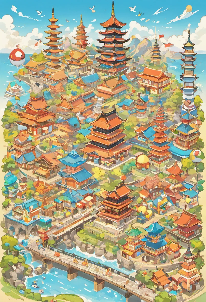 a set of travel and landmarks icons including the world's landmarks, castles and temple details, japan travel and tourism, detailed buildings, european japanese buildings, all buildings on bridge, many buildings, 3 0, european buildings, lots of buildings, cities, tourist destination, flat illustration, detailed scenery —width 672, soaring towers and bridges, minimalist cartoon style, monumental structures