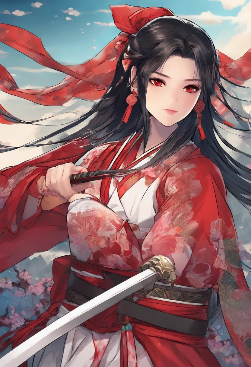 masterpiece, best quality, ultra-detailed, CG illustration, high resolution, better lighting, best shadow, extremely delicate and beautiful, appropriate shading, HD, 8k, ray tracing, hyper detailed and sharp background, perfect lights, anime style, Inspired by the game Mahokenshi: House of Ruby (Tengu, winged mountain kami, aggressive, red and white colors), strength, samuraipunk, solo, 1 woman, black hair, red eyes,  adult, obi tassel,