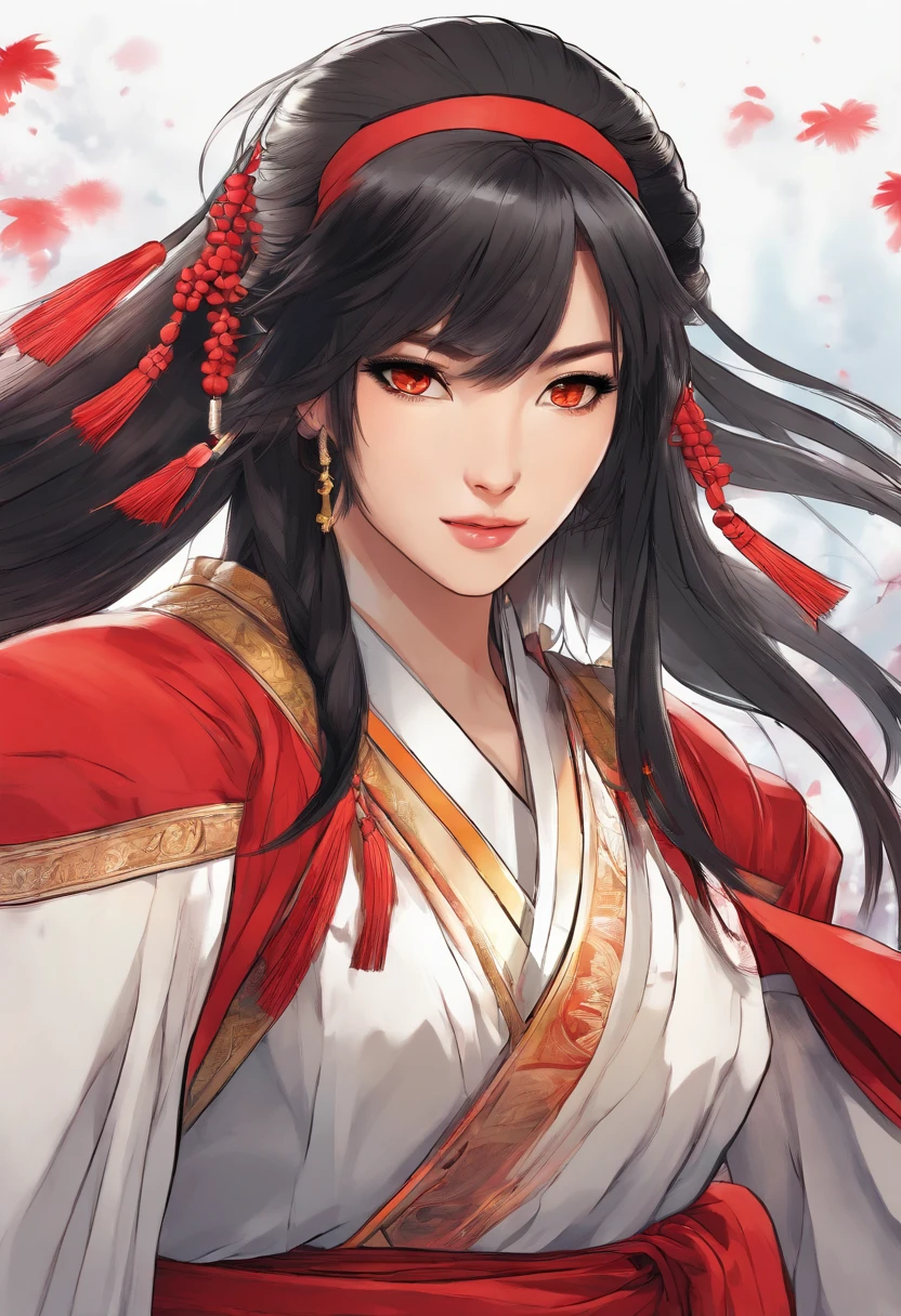 masterpiece, best quality, ultra-detailed, CG illustration, high resolution, better lighting, best shadow, extremely delicate and beautiful, appropriate shading, HD, 8k, ray tracing, hyper detailed and sharp background, perfect lights, anime style, Inspired by the game Mahokenshi: House of Ruby (Tengu, winged mountain kami, aggressive, red and white colors), strength, samuraipunk, solo, 1 woman, black hair, red eyes, adult, obi tassel,