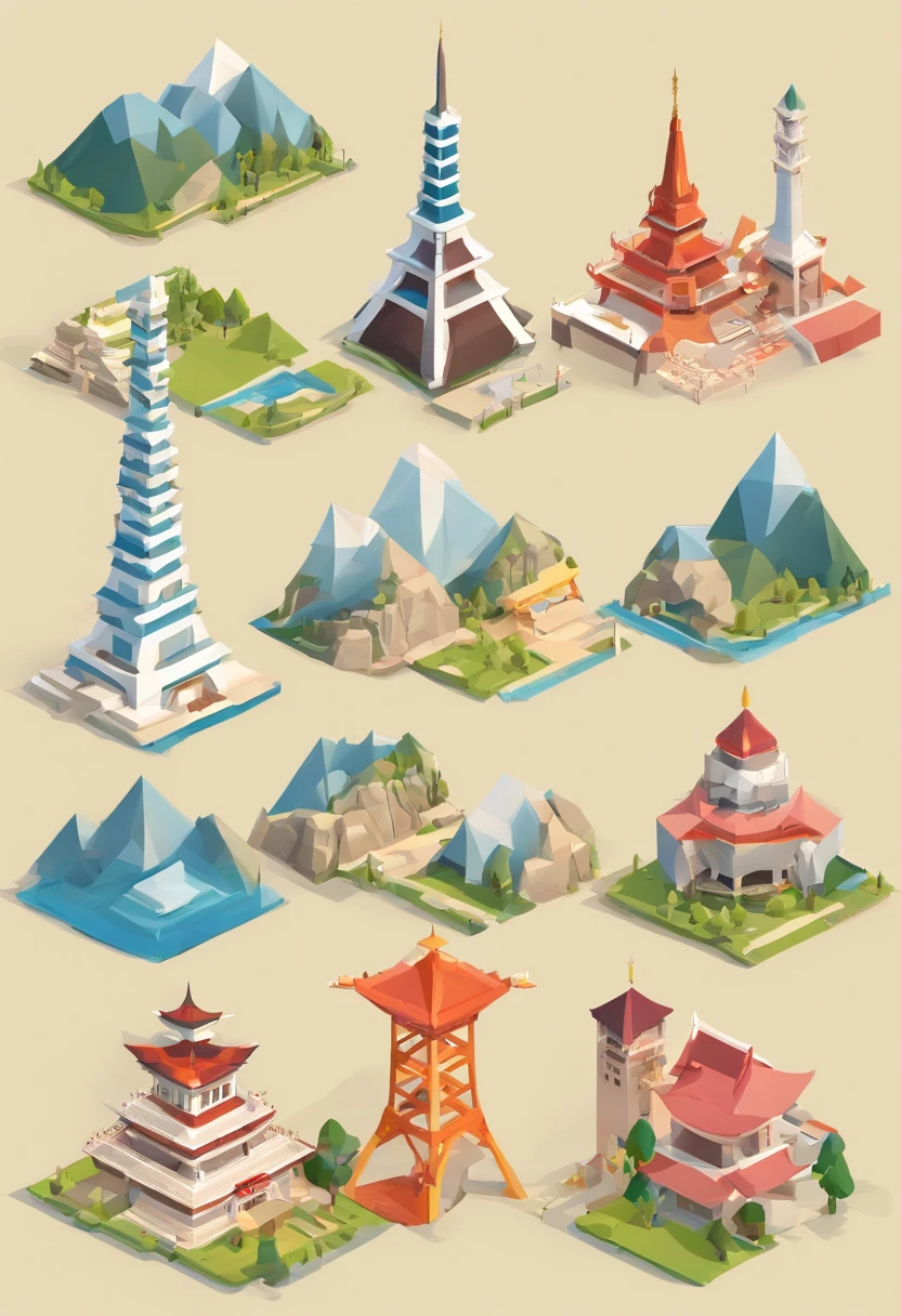 a set of travel and landmarks icons including the world's landmarks, castles and temple details, japan travel and tourism, detailed buildings, european japanese buildings, all buildings on bridge, many buildings, 3 0, european buildings, lots of buildings, cities, tourist destination, flat illustration, detailed scenery —width 672, soaring towers and bridges, minimalist cartoon style, monumental structures