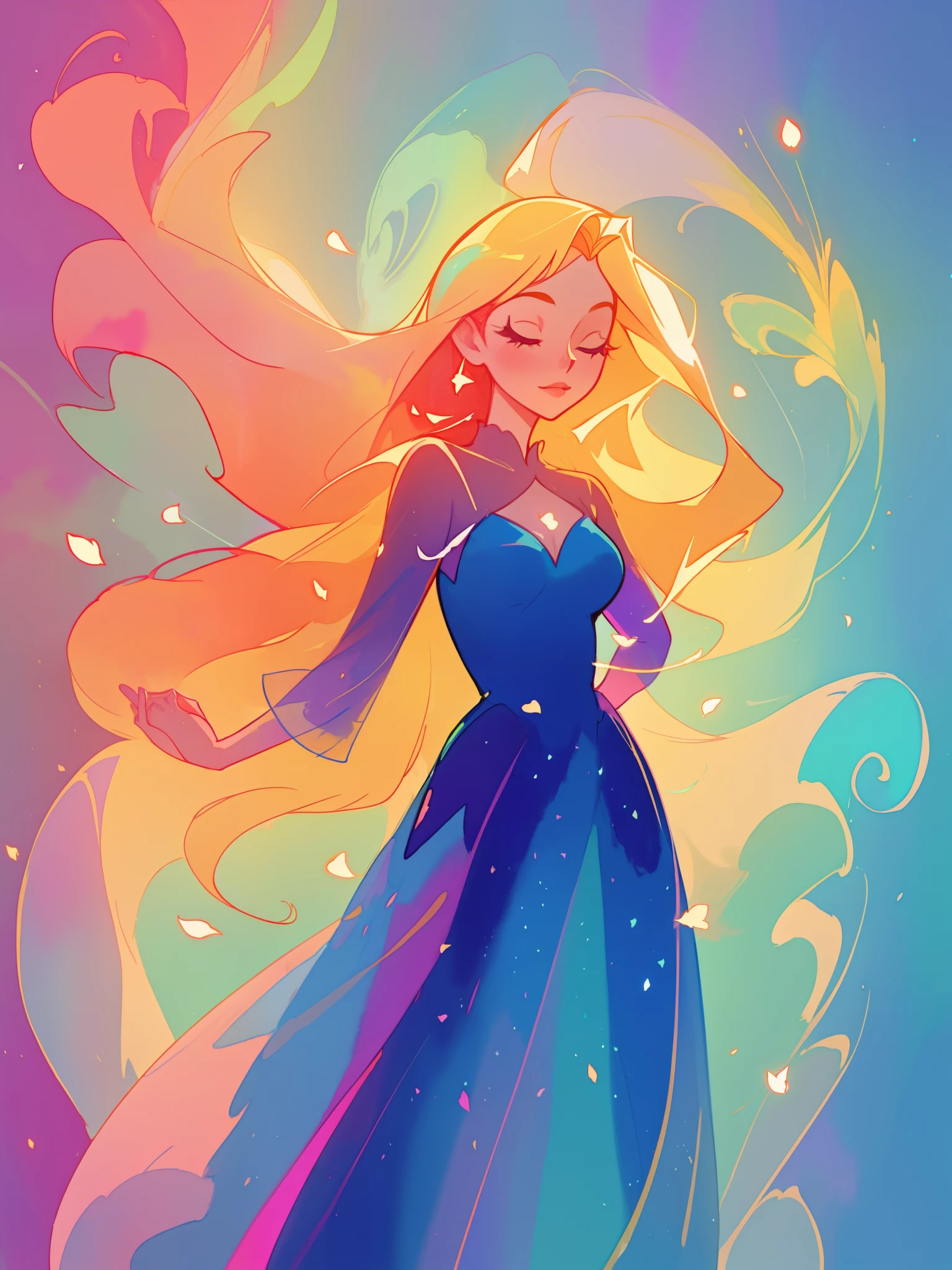 beautiful girl in flowing colorful ballgown, fairy dress, long golden hair, colorful watercolor background, inspired by Glen Keane, inspired by Lois van Baarle, disney art style, by Lois van Baarle, glowing aura around her, by Glen Keane, jen bartel, glowing lights! digital painting, flowing glowing hair, glowing flowing hair, beautiful digital illustration, fantasia otherworldly landscape plants flowers, beautiful, masterpiece, best quality, anime disney style