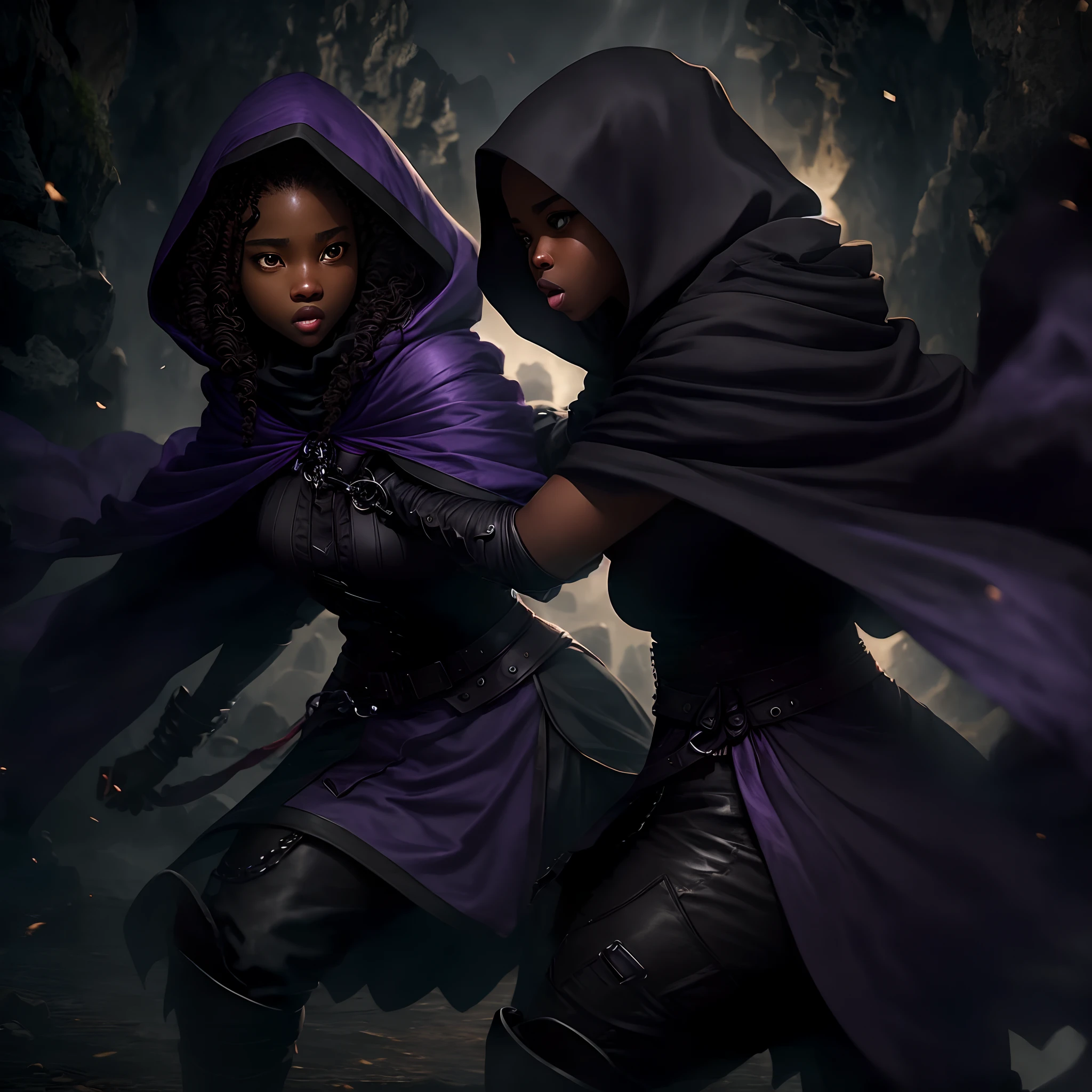 realistic black female with a purple and black cloak fighting darkness