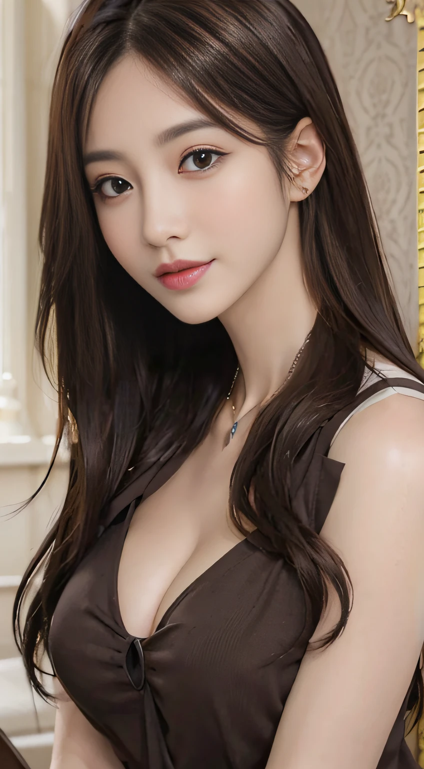 (((Brown longhair))), (Louvre Museum), Pose Seductive, (A hyper-realistic), (Illustration), (Increased resolution), (8KUHD), (Extremely detailed), (Best Illustration), (Beautiful and detailed eyes), (Best Quality), (ultra-detailliert), (masutepiece ), ( Wallpaper), (Detailed face), Solo, 1人の女性, Fine details, Detailed face, Deep Shadows, lowkey, pureerosfaceace_v1, Smiling, 46 point slanted bangs、Sleeveless shirt with collar、cleavage of the breast、Big necklace、