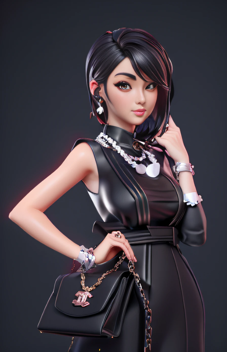 Close-up of a woman holding a purse and chain, anime styled 3d, Anime style. 8K, stunning art style, Realistic anime 3 D style, digital art of an elegant, Stylized digital art, realism art style, Stylized anime, 8k high-quality detailed art, Realistic art style, Digital art style