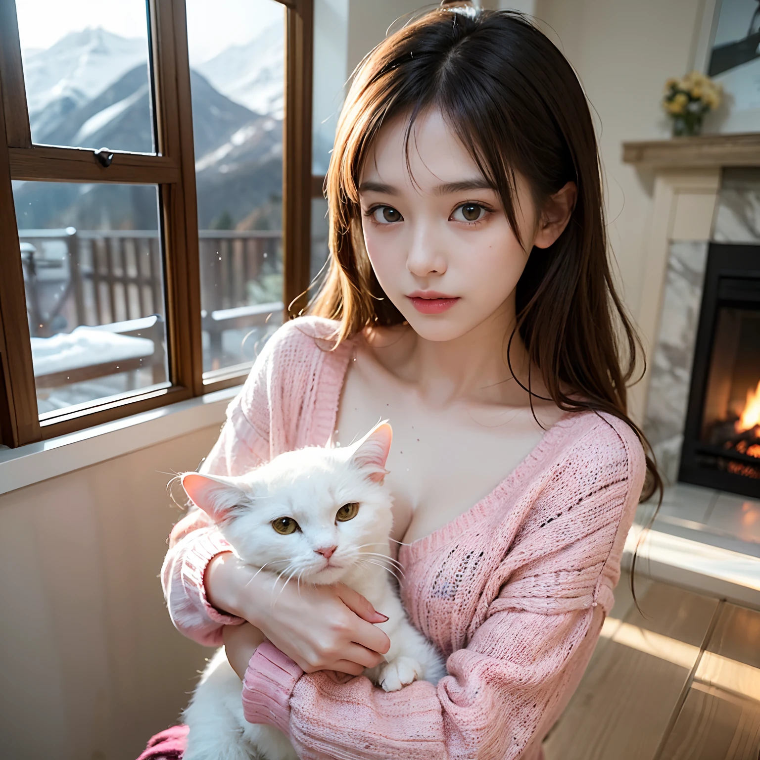 ​masterpiece, 1 beautiful girls, detaileds, top-quality, 超A high resolution, (Realistis: 1.4), OriginalPhotographs, 电影灯光, A smile, Asian Beauty, very extremely beautiful, Slightly younger face, Beautiful skins, slender, (A hyper-realistic), (hight resolution), (8K), (ighly detailed), (The best illustrations), (beautifully detailed eyes), (ultra-detailliert), (wall-paper), (详细的脸), fine detailed, A detailed face、pureerosfaceace_v1、46-point diagonal bangs、(beautidful eyes:1.5）(Photorealsitic:1.5)、Raw foto、1girl in、deep-shadows、With a sweet look、(Okappa:1.5) Super Detail, Textured skin, tre anatomically correct、masutepiece、(Snowy Mountain Night:1.5)、(I'm changing clothes in front of the fireplace in my room...:1.5)、(White and pink fluffy sweater:1.5)、(In the whole body diagram:1.5)Hold and kiss the cat