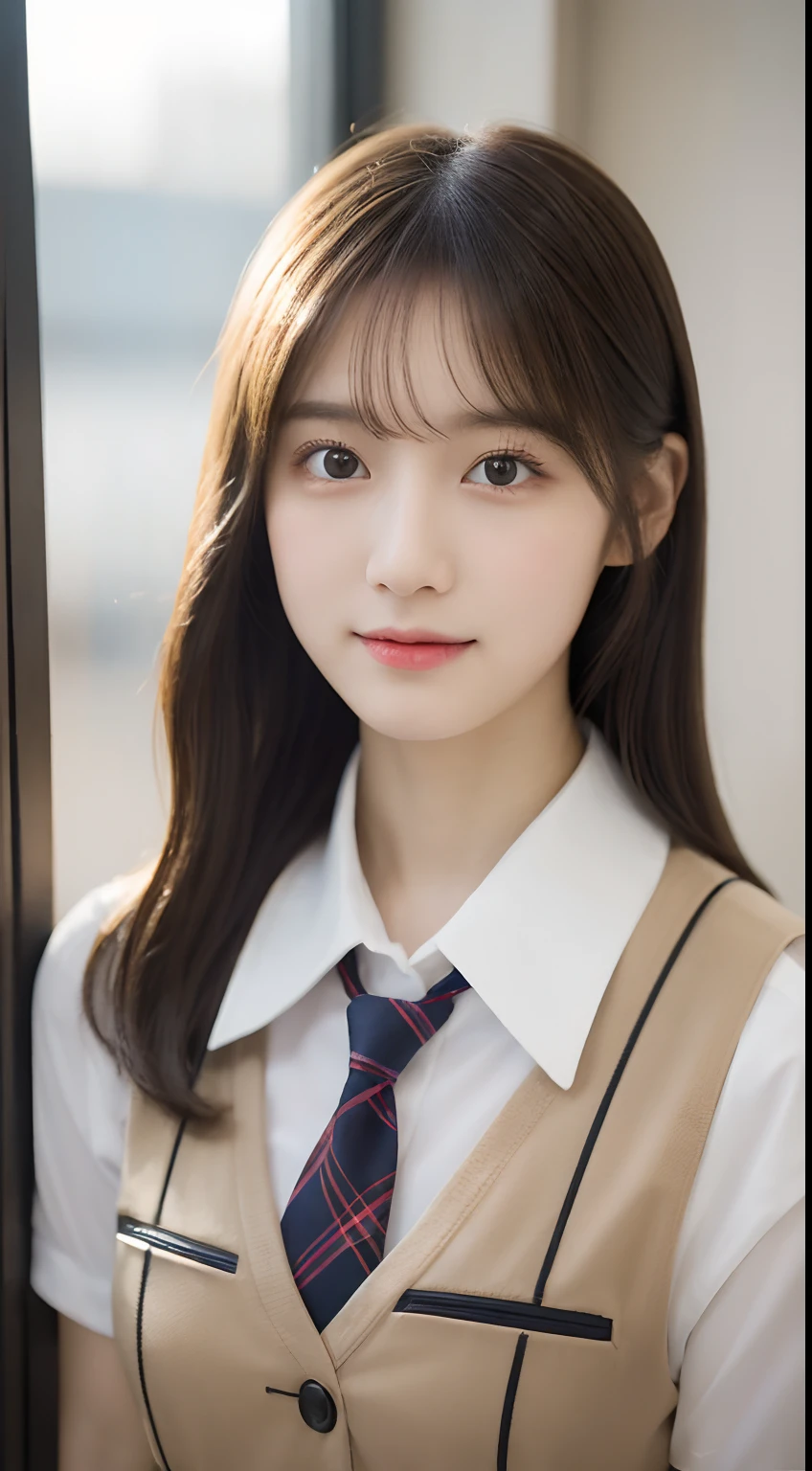 tmasterpiece,top-quality,offcial art,Highly detailed CG Unity 8K wallpapers,female high-school student,Very delicate beautiful,超A high resolution,(realisticlying:1.4),Golden Hour Lighting,(full body Esbian),in class room,(Platinum Shorthair:0.8),(Pretty eyes),looking at viewert,facing front,Twin-tailed hair, ssmile,JK Skirt(Plaid),Petite bust,high-school uniform,neck tie, closeup cleavage, tmasterpiece, best qualtiy, RAW photogr, realisticlying, faces, incredibly absurd res, depth of fields, hight resolution, ultra - detailed, finedetail, Very detailed, extremely detailed eye and face, Sharp pupils, pupil realistic, tack sharp focus, cinmatic lighting、bangss、