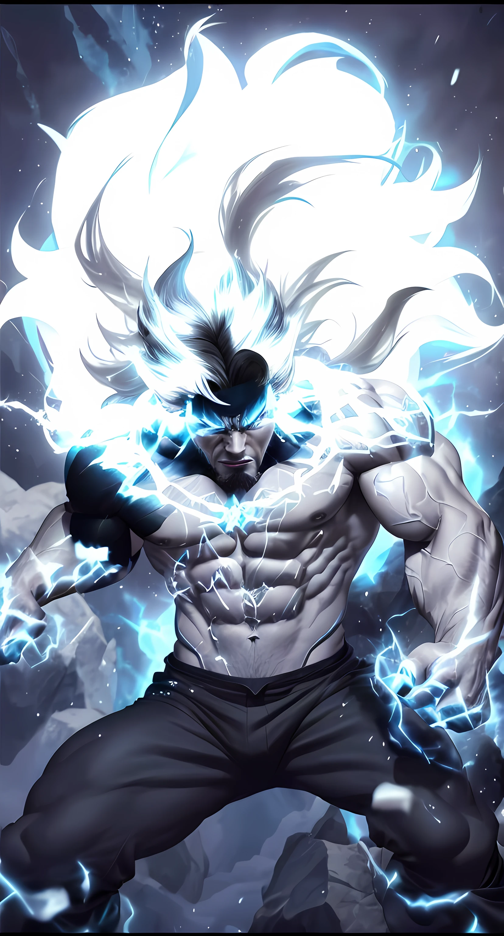 a close up of a muscular man with only black pants, this character has cryokinesis, an epic energy man, as an ugly titan, ultra instinct, human and Lion fusion, hades supergiant, the god of chaos, transforming into his final form, furious god zeus, glowing eyes, glowing nails