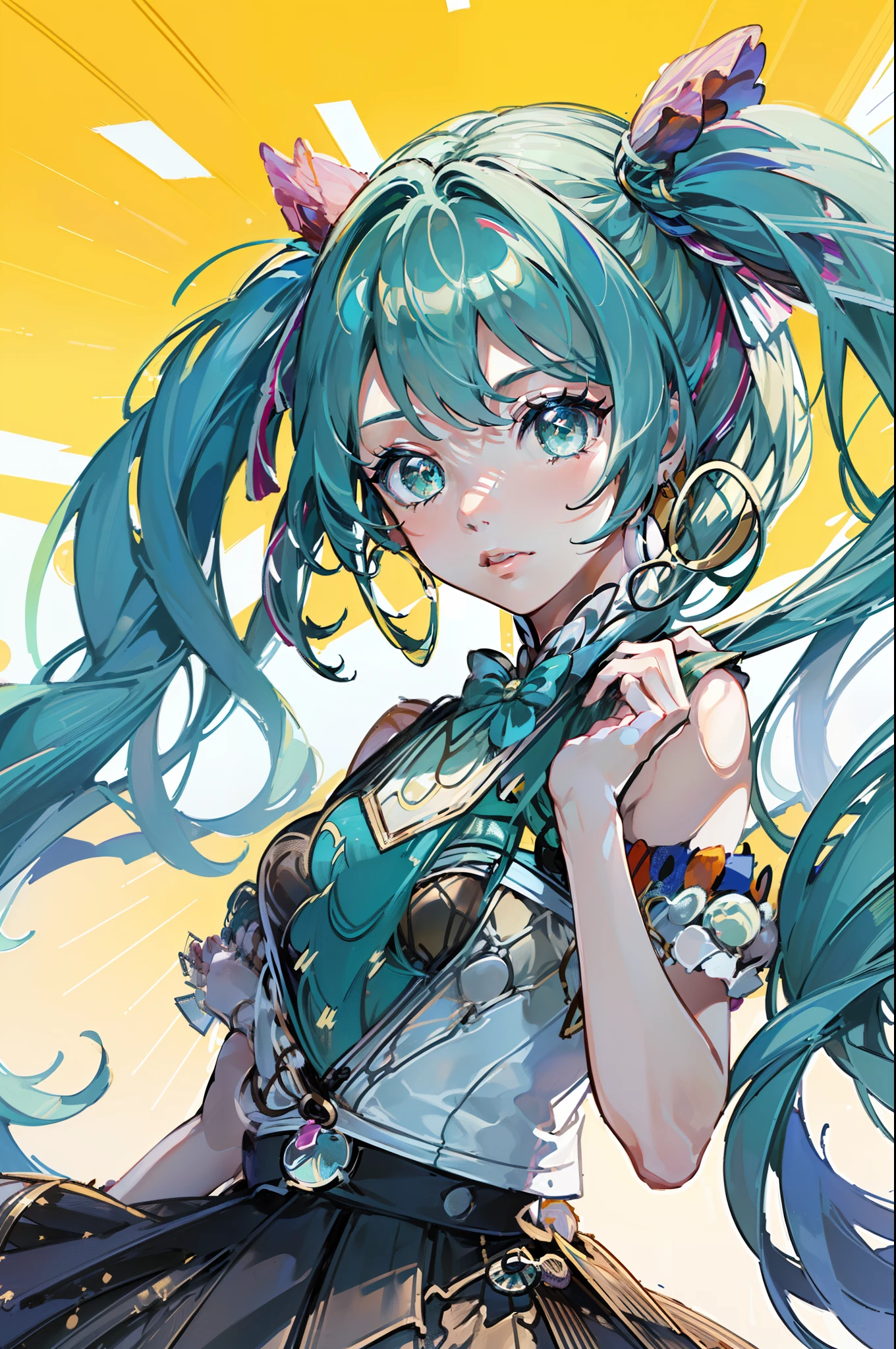 (Best quality, 8K, 32K, Masterpiece, hyper HD:1.3), (Photos of attractive girls), ((1 girl)), ((Medium breast:1.1)), Perfect body, hyperdetailed face, Detailed lips, Fine eyes, Double eyelids, perfect hand((Hatsune Miku)) Sexy girl, Beautiful girl, Jaw-dropping beauty, (Double ponytail long hair:1.2)), ((close up to face))