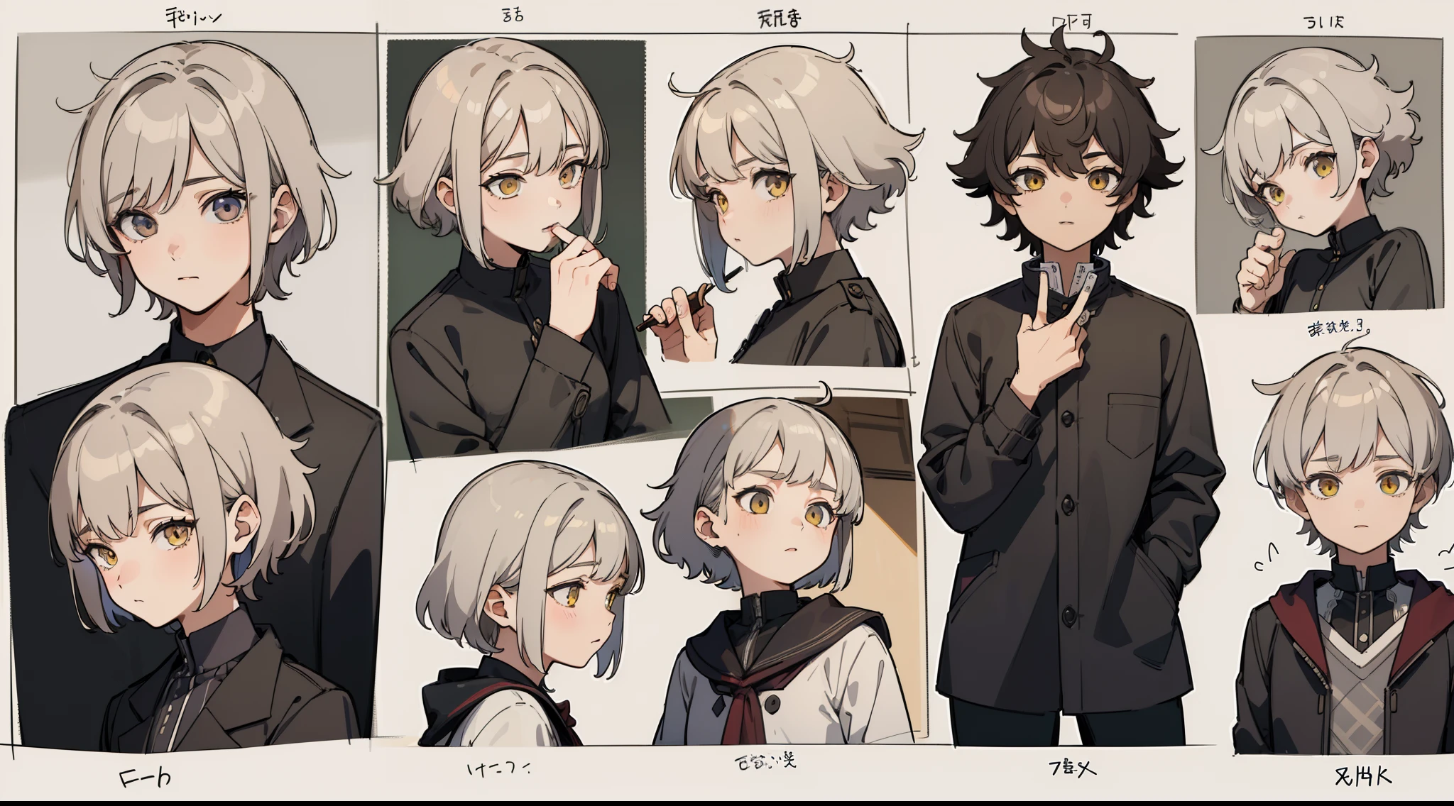 ((Masterpiece, Highest quality)), Detailed face, character sheets, full bodyesbian, 1boys,shoun,children's,Babe, Yellow eyes, Gray hair, short detailed hair, Messy hair, , hair between eye,Black loose blouse, Full of details, Multiple poses and expressions, Highly detailed, Depth, Many parts
