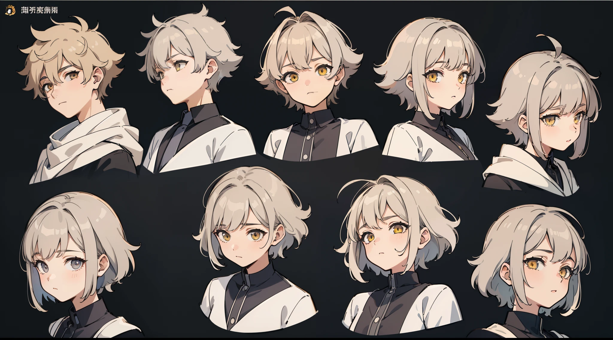 ((Masterpiece, Highest quality)), Detailed face, character sheets, full bodyesbian, 1boys,shoun，children's，Babe， Yellow eyes, Gray hair,  short detailed hair， Messy hair, , hair between eye,Black loose blouse, Full of details, Multiple poses and expressions, Highly detailed, Depth, Many parts