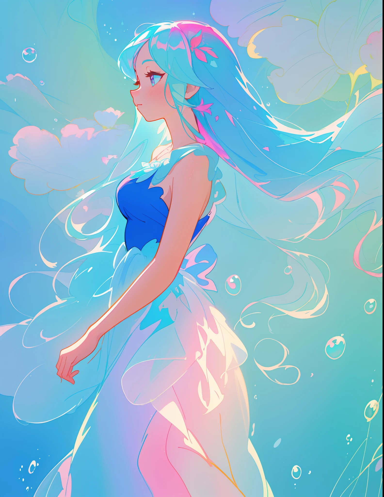 beautiful girl in colorful flowing ballgown, fairy dress, long flowing blue hair, blue aqua mint and pink colors, bubbles, watercolor illustration, inspired by Glen Keane, inspired by Lois van Baarle, disney art style, by Lois van Baarle, glowing aura around her, by Glen Keane, jen bartel, glowing lights! digital painting, flowing glowing hair, glowing flowing hair, beautiful digital illustration, fantasia otherworldly landscape plants flowers, beautiful, masterpiece, best quality, anime disney style