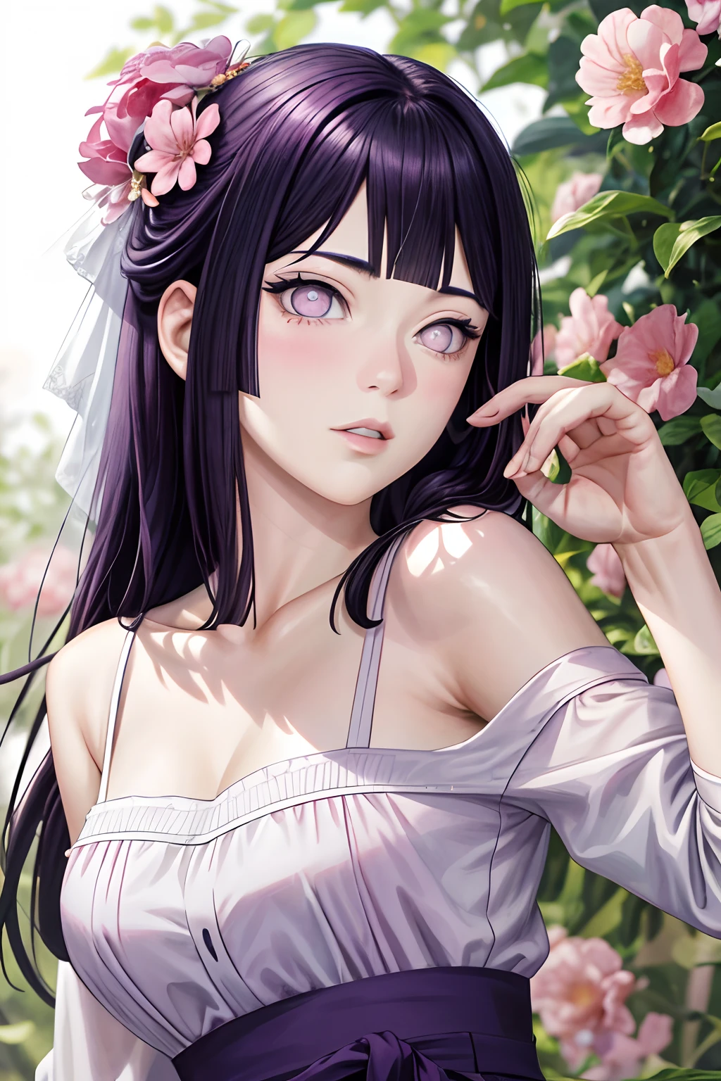 Masterpiece, absurderes, Hinata\(Boruto\), 1girll, Solo,Mature female, Off-the-shoulder lace shirt, When looking at the camera, (Falling petals), Perfectcomposition, Detailed lips, big breast, Beautiful face, body propotion, Blush, (Pink lips), Long hair, Purple eyes, Soft gaze, Super realistic, Detailed, photoshoot, Realistick faces and bodies,