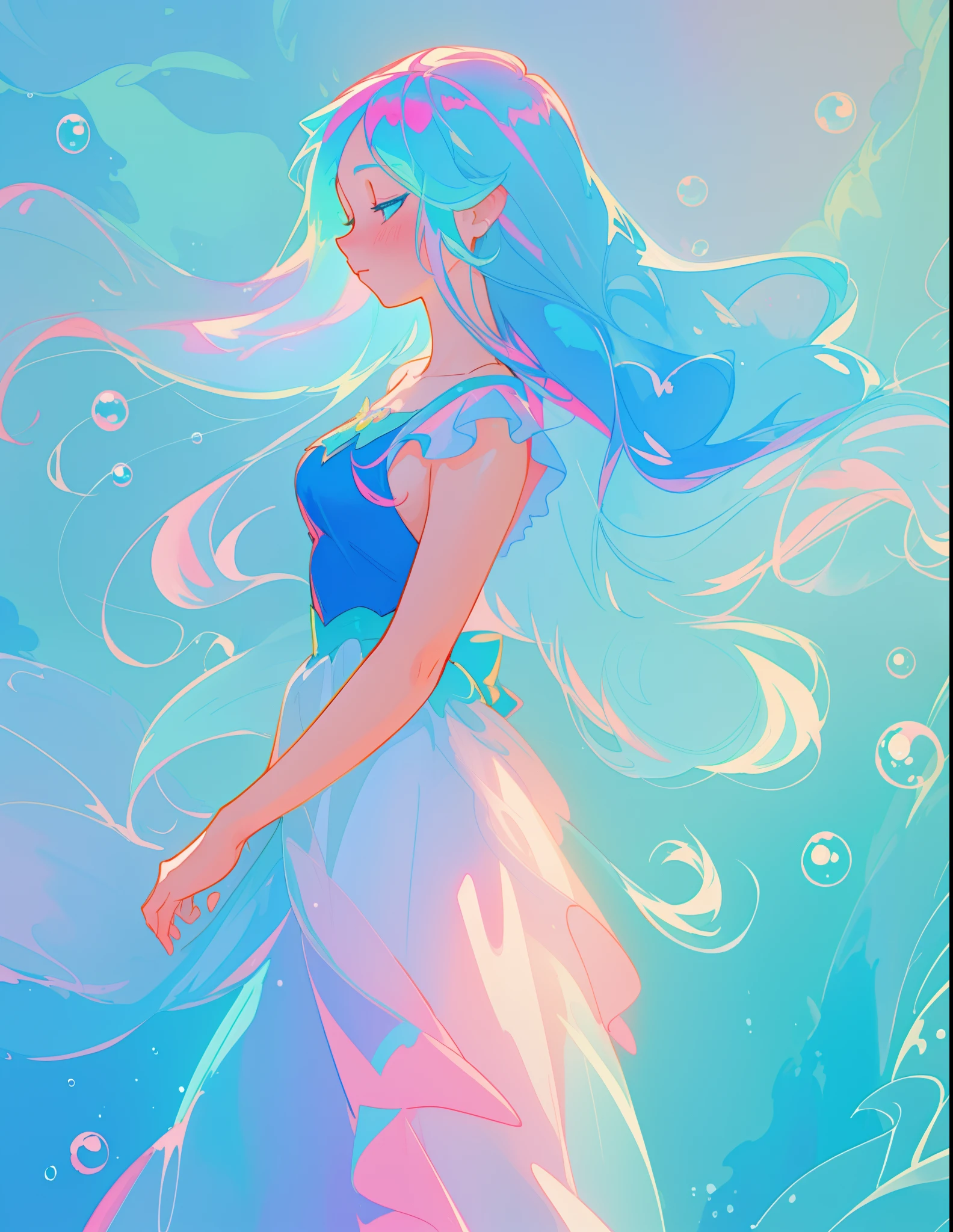 beautiful girl in colorful flowing ballgown, fairy dress, long flowing blue hair, blue aqua mint and pink colors, bubbles, watercolor illustration, inspired by Glen Keane, inspired by Lois van Baarle, disney art style, by Lois van Baarle, glowing aura around her, by Glen Keane, jen bartel, glowing lights! digital painting, flowing glowing hair, glowing flowing hair, beautiful digital illustration, fantasia otherworldly landscape plants flowers, beautiful, masterpiece, best quality, anime disney style