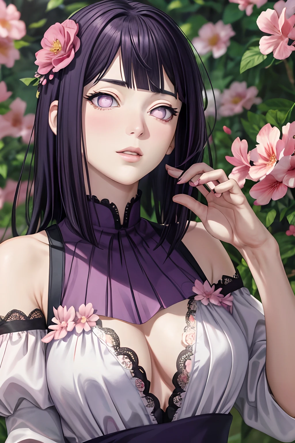 Masterpiece, absurderes, Hinata\(Boruto\), 1girll, Solo,Mature female, Off-the-shoulder lace shirt, When looking at the camera, (Falling petals), Perfectcomposition, Detailed lips, big breast, Beautiful face, body propotion, Blush, (Pink lips), Long hair, Purple eyes, Soft gaze, Super realistic, Detailed, photoshoot, Realistick faces and bodies,