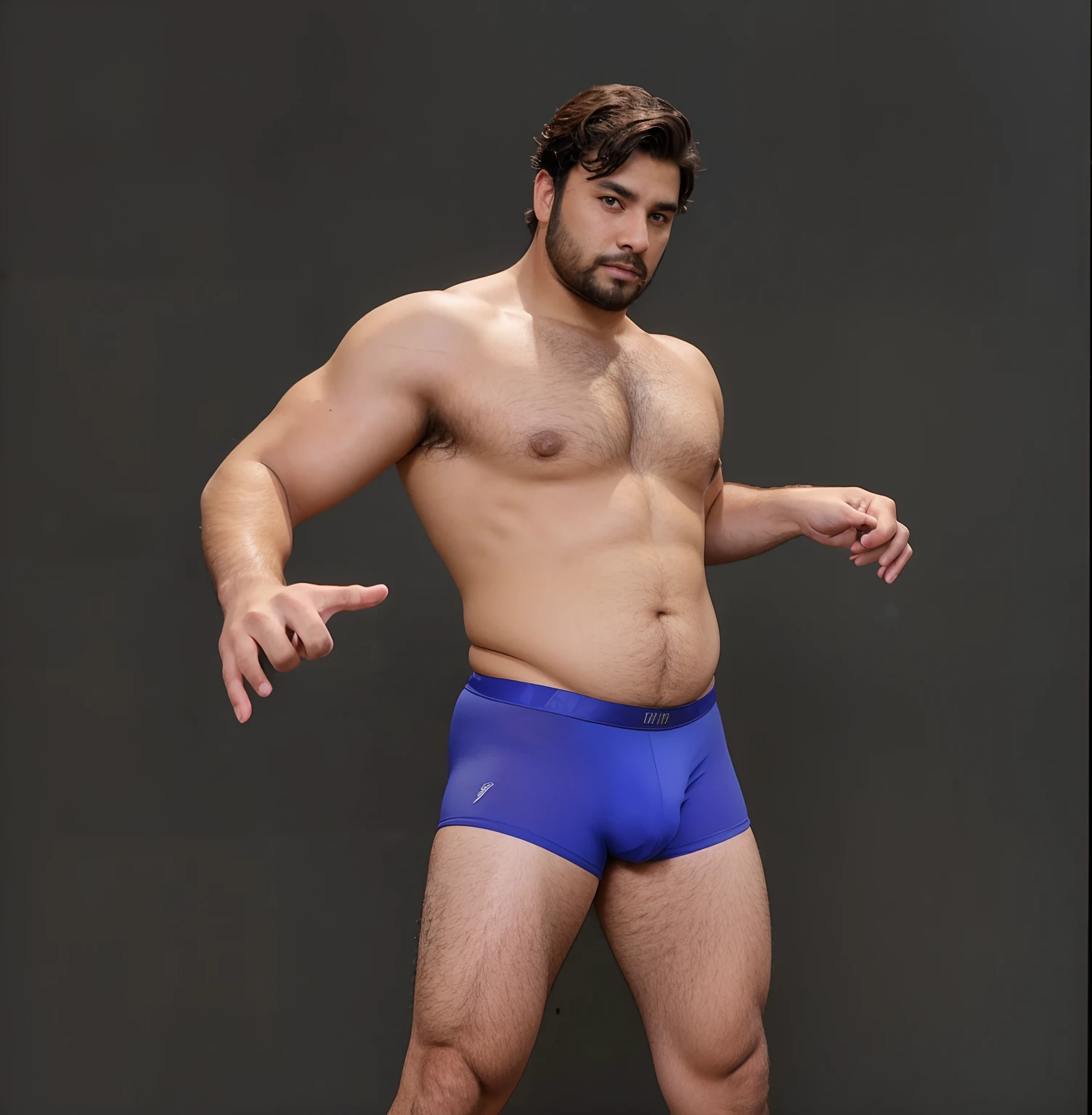 chubby, short beard, hairy chest, dark skin, handsome, latino, big thighs, underwear, wavy hair, confident