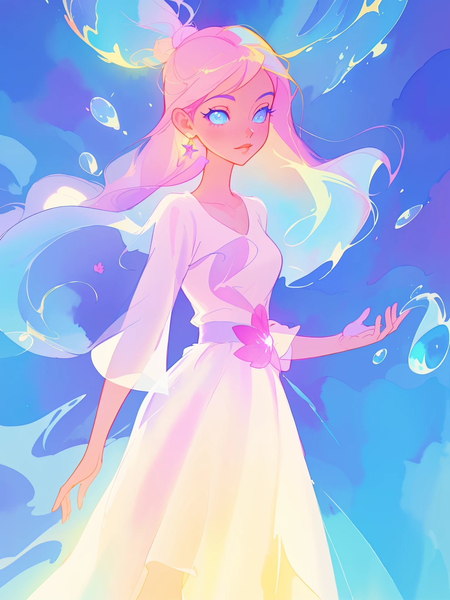 beautiful girl in white dress, fairy dress, long colorful liquid hair, watercolor illustration, inspired by Glen Keane, inspired by Lois van Baarle, disney art style, by Lois van Baarle, glowing aura around her, by Glen Keane, jen bartel, glowing lights! digital painting, flowing glowing hair, glowing flowing hair, beautiful digital illustration, fantasia otherworldly landscape plants flowers, beautiful, masterpiece, best quality, anime disney style