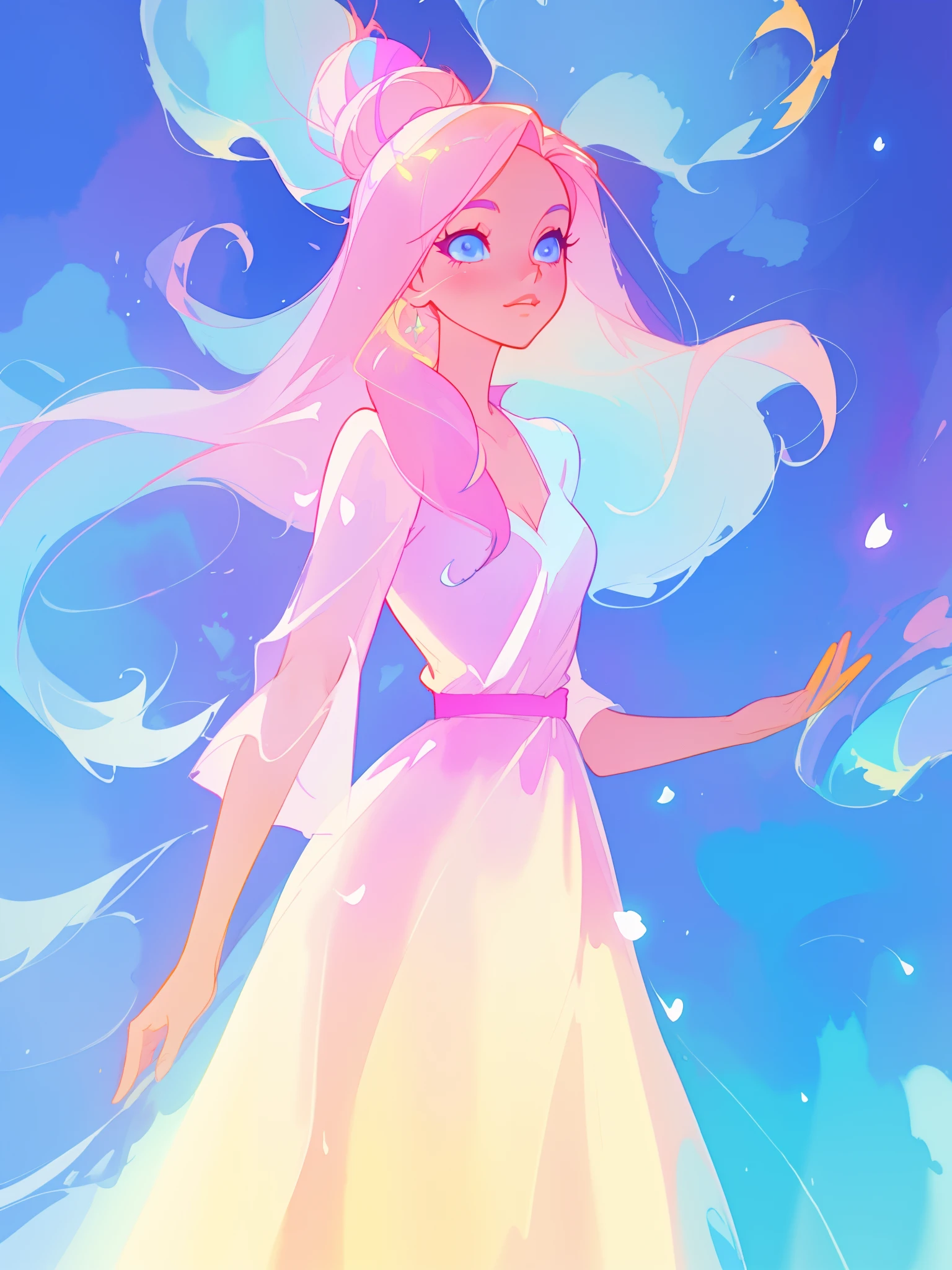 beautiful girl in white dress, fairy dress, long colorful liquid hair, watercolor illustration, inspired by Glen Keane, inspired by Lois van Baarle, disney art style, by Lois van Baarle, glowing aura around her, by Glen Keane, jen bartel, glowing lights! digital painting, flowing glowing hair, glowing flowing hair, beautiful digital illustration, fantasia otherworldly landscape plants flowers, beautiful, masterpiece, best quality, anime disney style
