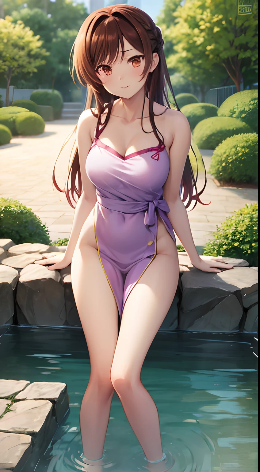 Draw the anime character Chizuru from Rent-a-Girlfriend. Chizuru has waist-length chestnut-brown hair with bangs and light brown eyes. Her hair is mostly let down except for a small braid on the right side of her head. She has fair skin and a slim, well-endowed figure with large breasts. Chizuru is standing in a hot spring. Chizuru is wearing a towel, and bare foot.
