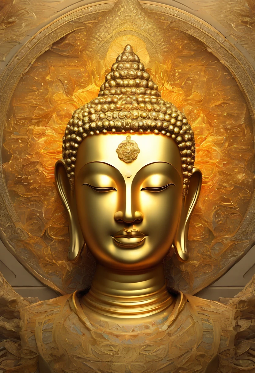 Highly detailed portrait of a huge golden Buddha with a halo of the sun god，golden colored，unrealengine，The art of Mark Ryden，Lost fish，Earl Nolen，globalillumination，godrays，detailed and intricate environment，Elden Ring Style