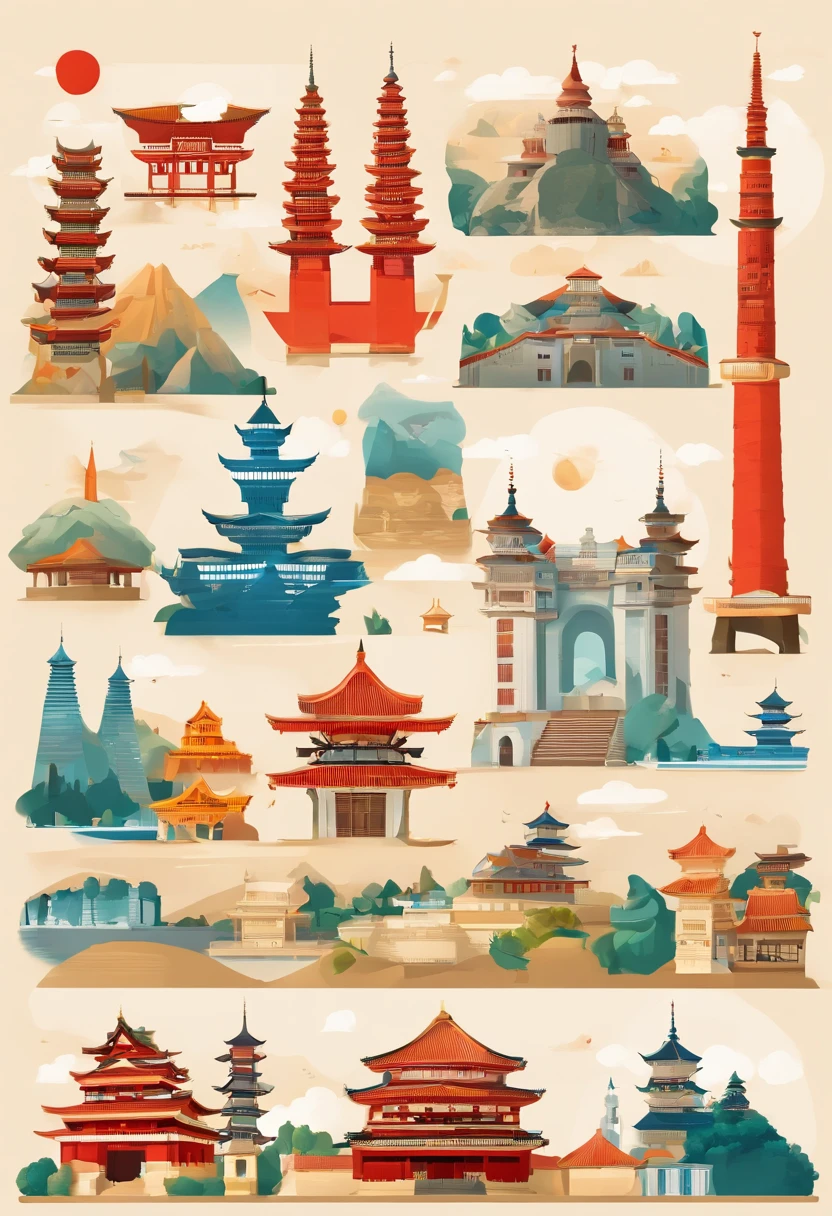 a set of travel and landmarks icons including the world's landmarks, castles and temple details, japan travel and tourism, detailed buildings, european japanese buildings, all buildings on bridge, many buildings, 3 0, european buildings, lots of buildings, cities, tourist destination, flat illustration, detailed scenery —width 672, soaring towers and bridges, minimalist cartoon style, monumental structures