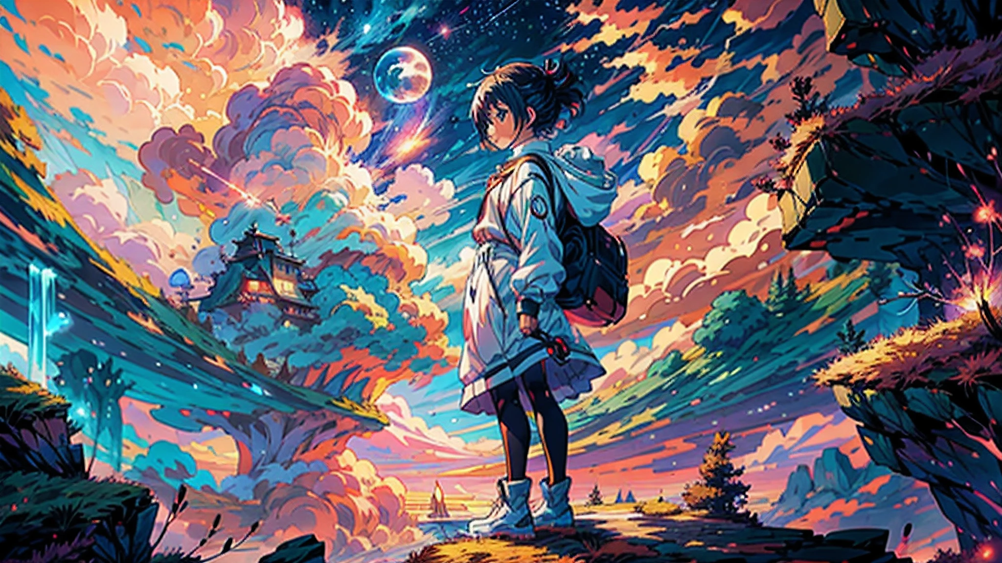 Anime girl standing on a rock looking at the sky full of stars, Makoto Shinkai Cyril Rolando, Anime art wallpaper 4k, Anime art wallpaper 4 K, Anime art wallpaper 8 K, Cosmos Sky. By Makoto Shinkai, Inspired by Cyril Rolando, in the style dan mumford artwork, amazing wallpapers, By Yuumei