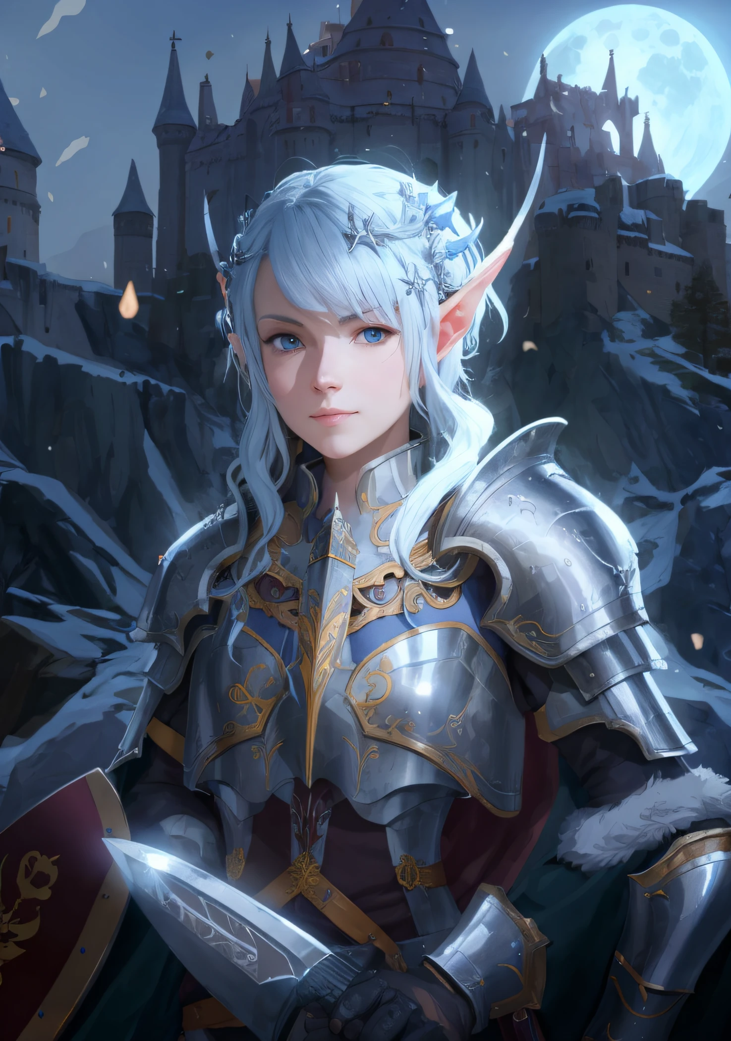 a close up of a person in armor holding a sword, Beautiful and beautiful portrait, Portrait of a young female knight of the zodiac, Scholar, Detailed digital 2D fantasy art, Fantasy paladin, 2. 5 D CGI anime fantasy artwork, Portrait of an elven woman, Epic fantasy digital art style, Female Paladin,In the background is a towering castle and the moon