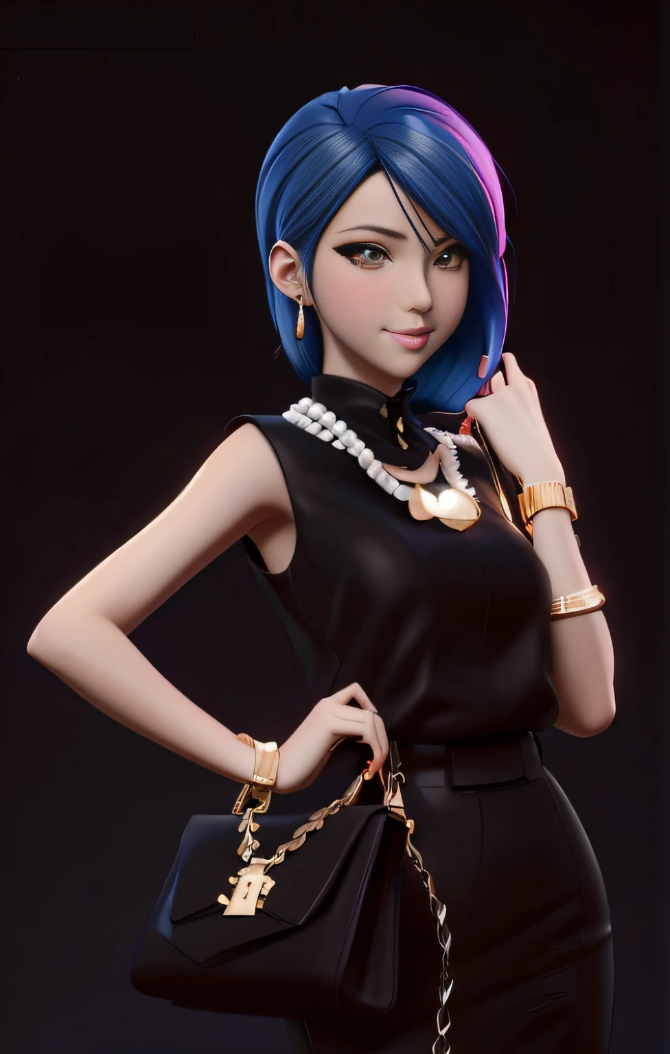Close-up of a woman holding a purse and chain, anime styled 3d, Anime style. 8K, stunning art style, Realistic anime 3 D style, digital art of an elegant, Stylized digital art, realism art style, Stylized anime, 8k high-quality detailed art, Realistic art style, Digital art style
