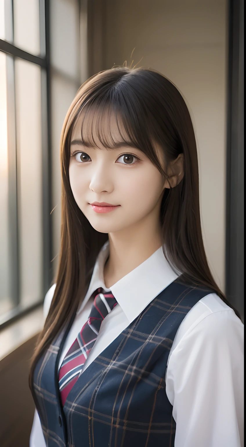 tmasterpiece,top-quality,offcial art,Highly detailed CG Unity 8K wallpapers,female high-school student,Very delicate beautiful,超A high resolution,(realisticlying:1.4),Golden Hour Lighting,(full body Esbian),in class room,(Platinum Shorthair:0.8),(Pretty eyes),looking at viewert,facing front,Twin-tailed hair, ssmile,JK Skirt(Plaid),Petite bust,high-school uniform,neck tie, tmasterpiece, best qualtiy, RAW photogr, realisticlying, faces, incredibly absurd res, depth of fields, hight resolution, ultra - detailed, finedetail, Very detailed, extremely detailed eye and face, Sharp pupils, pupil realistic, tack sharp focus, cinmatic lighting, Idol style、Super Cute:1.2、A dark-haired、bangss、