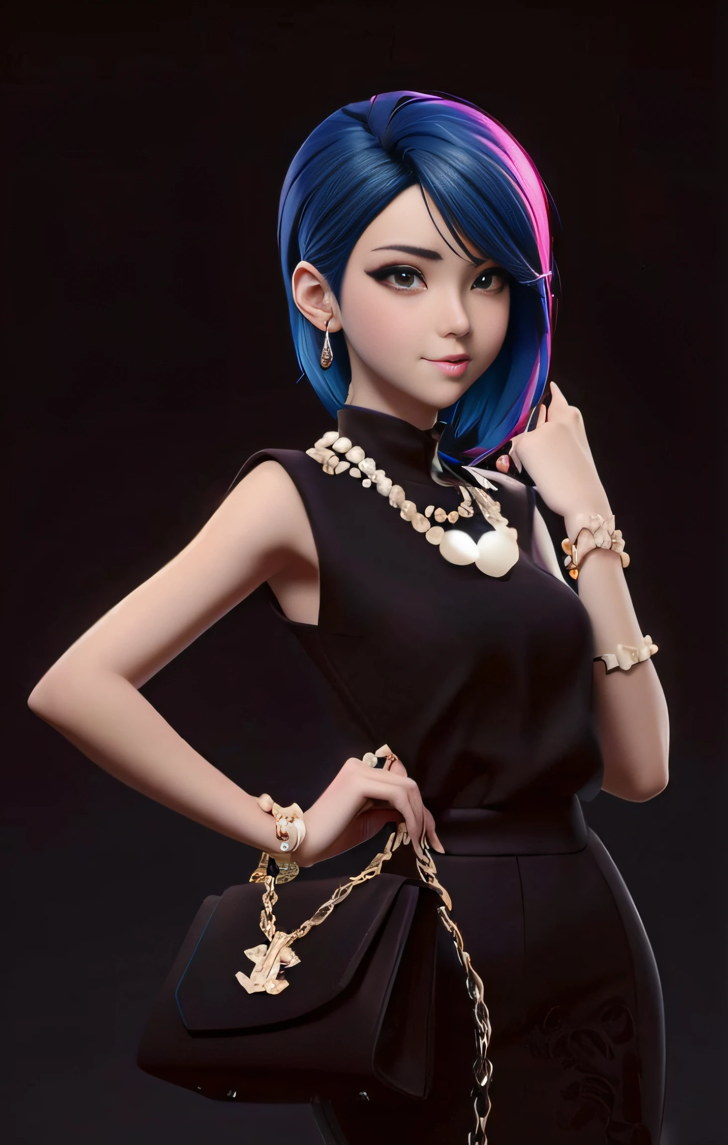 Close-up of a woman holding a purse and chain, anime styled 3d, Anime style. 8K, stunning art style, Realistic anime 3 D style, digital art of an elegant, Stylized digital art, realism art style, Stylized anime, 8K high-quality detailed art, Realistic art style, Digital art style