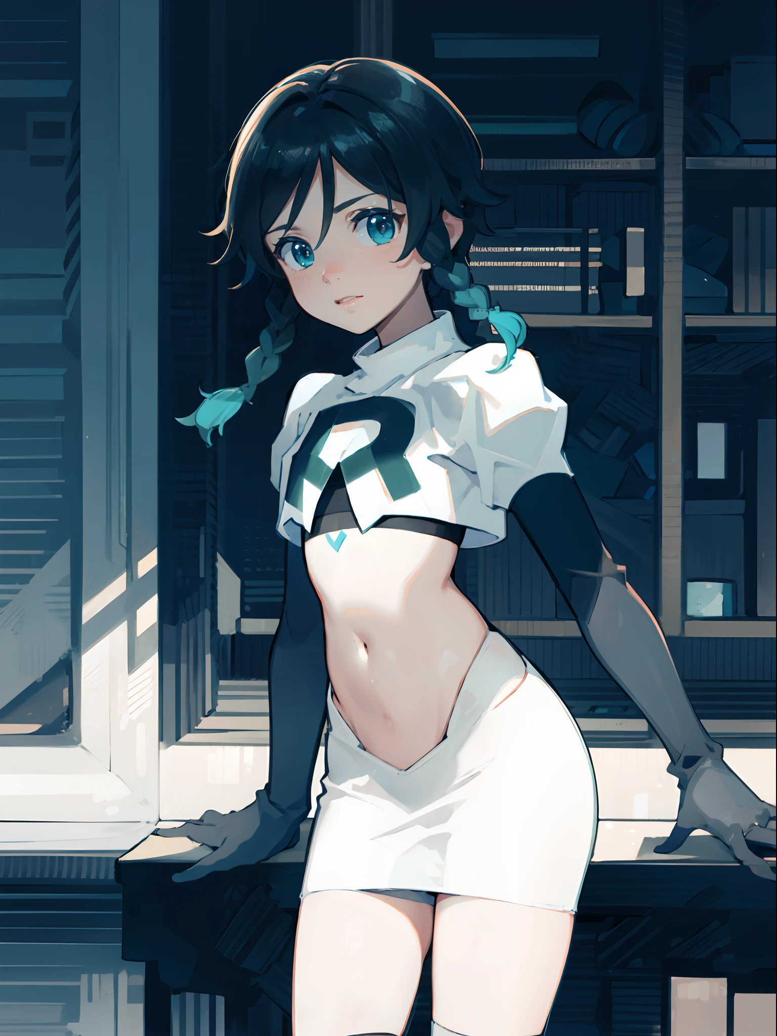 venti,1boy,flat chest,team rocket,team rocket uniform,white skirt,crop top,black thigh-highs,black elbow gloves,