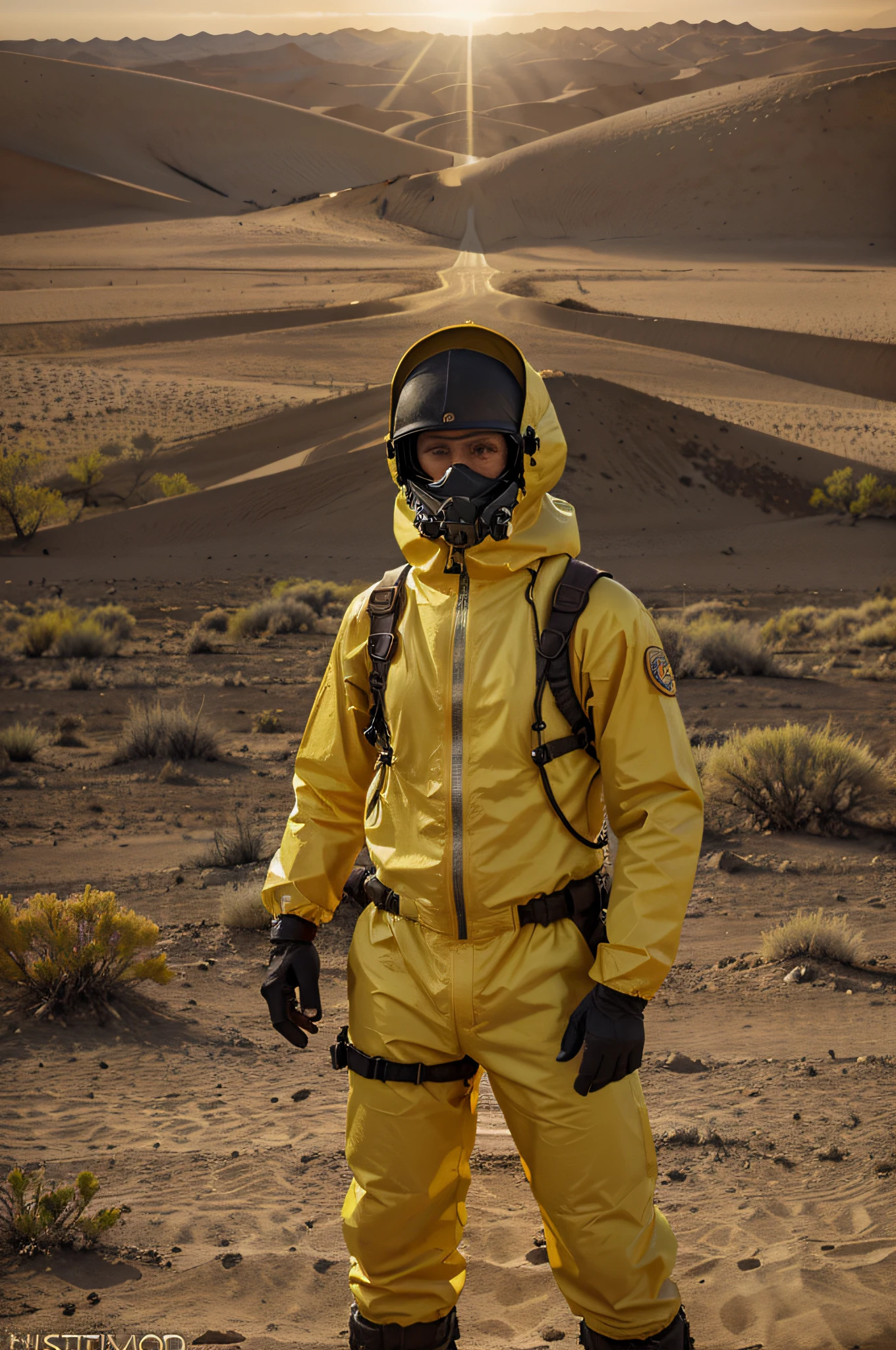 Hyperrealist , fantasy art , photo realistic , 1 guy with a full HAZMAT Suit, in the desert yellow color, dynamic envirenement and lighting , desert background , middle of no where, apocalypse ambiance, very dark envirnement, shot , complet vision