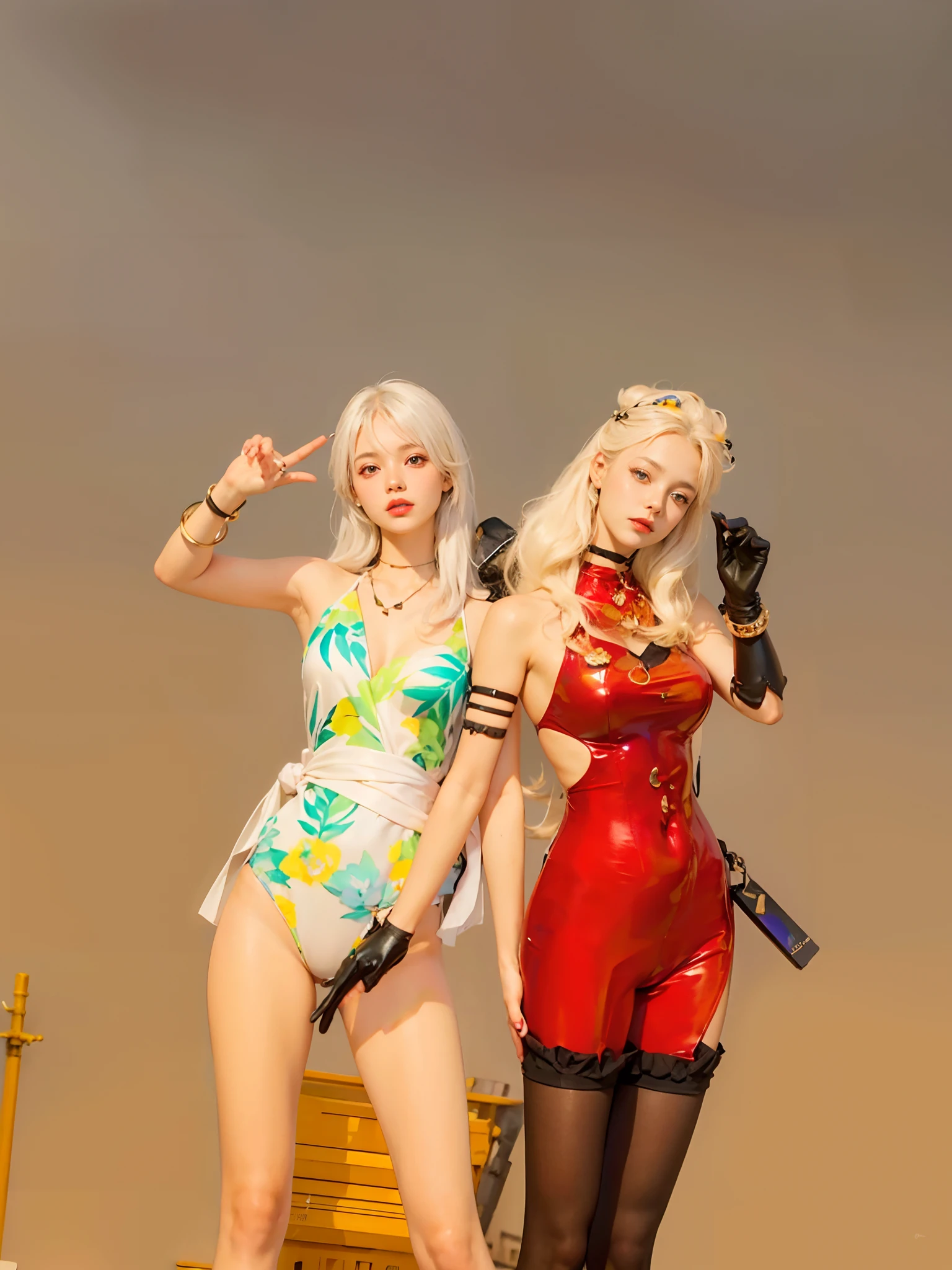 ((masterpiece:1.4)、(top-quality:1.4)、(reallistic:1.7))、Dirty pair、Sexy duo、Super sexy daughter、Super beautiful girl、((2girls:1.4))、Shiny natural skin texture、Glossy luxury latex、Luxury Latex Bodysuit、By Luis Royo、age19、Super Ultra Ultra Bikini、Cute tattoos、(Two arms:1.4、Two legs:1.4)、(perfect anatomia:1.4)、(Perfect female body:1.4)、Portrait photo of a girl、Soft front light、beautiful countenance、kawaii faces、Beautiful udder、Colossal tits、Beautiful ass、A detailed eye、Draw eyes clearly and beautifully、beautidful eyes、Narrow waist、Raw photo、red-lips、Red boots、a choker、a necklace、耳Nipple Ring、1 screen display、City of the Future