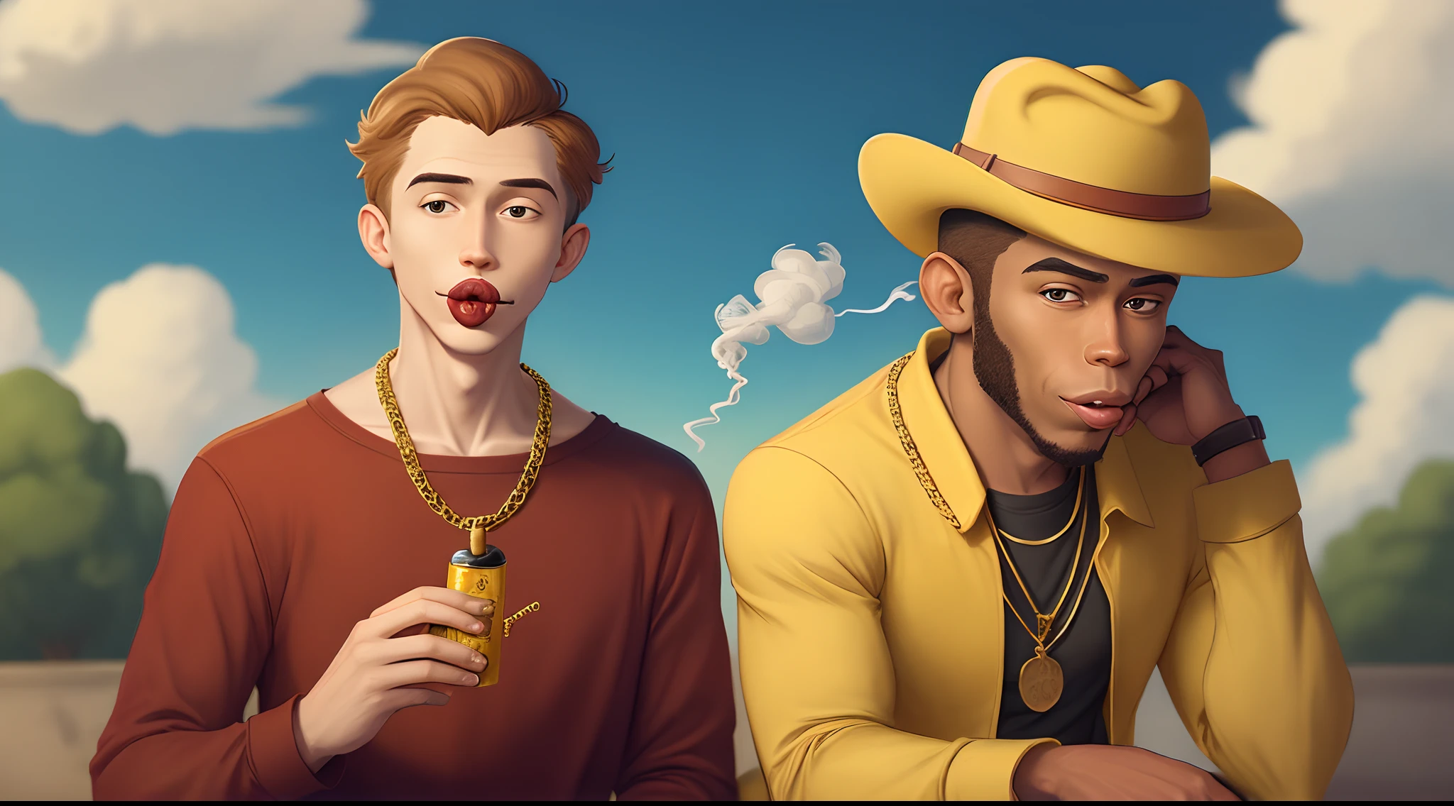 Curious George the monkey and the man in the big yellow hat wearing gold chains and smoking blunts