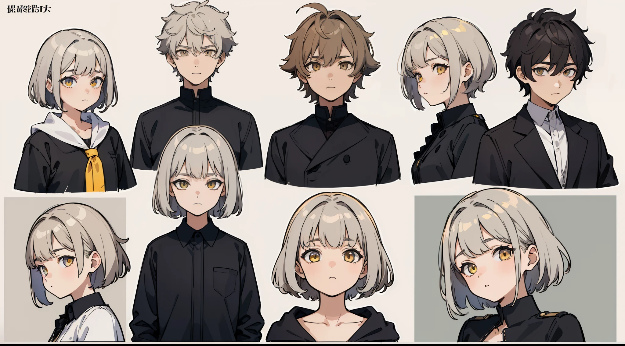 ((Masterpiece, Highest quality)), Detailed face, character sheets, full bodyesbian, 1boys,shoun,children's,Babe, Yellow eyes, Gray hair, short detailed hair, Messy hair, , hair between eye,Black loose blouse, Full of details, Multiple poses and expressions, Highly detailed, Depth, Many parts