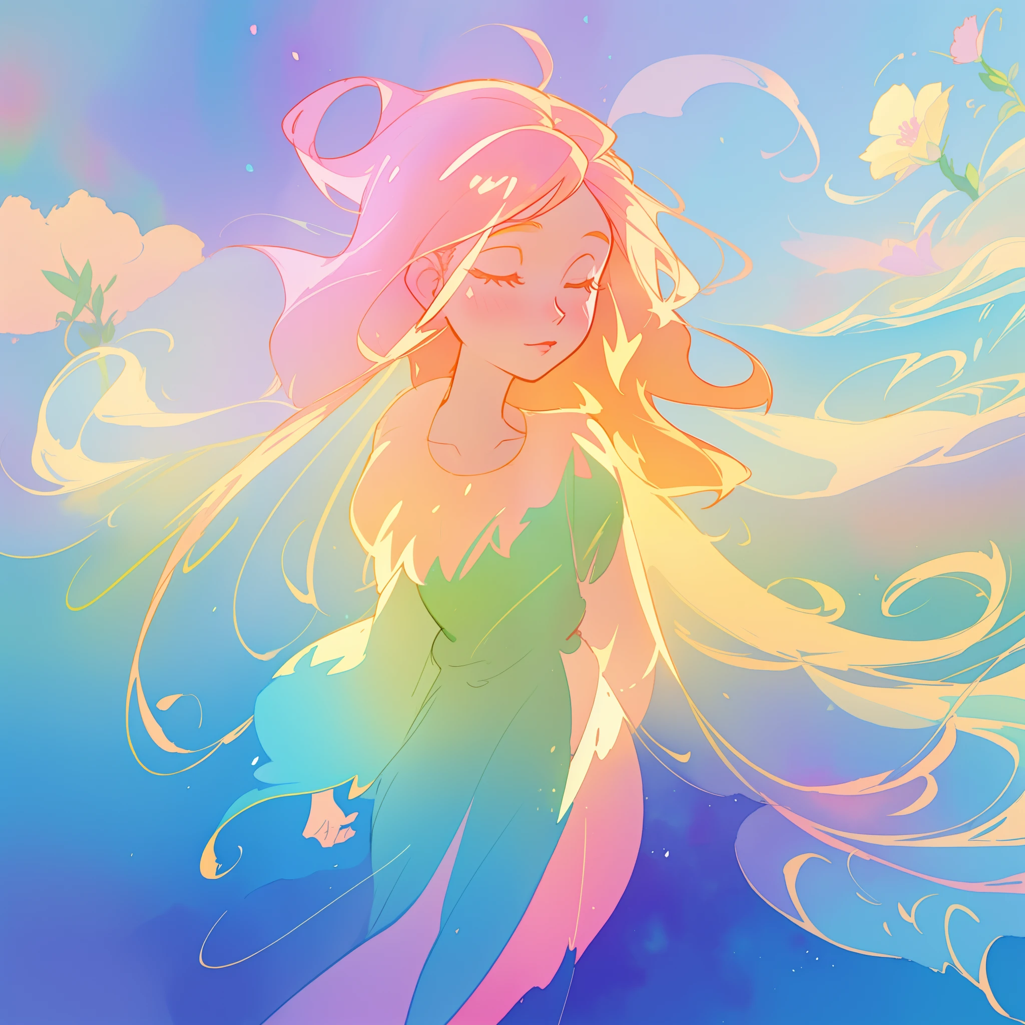 beautiful girl in ombre gradient dress, fairy dress, long golden pink hair, colorful watercolor background, watercolor illustration, inspired by Glen Keane, inspired by Lois van Baarle, disney art style, by Lois van Baarle, glowing aura around her, by Glen Keane, jen bartel, glowing lights! digital painting, flowing glowing hair, glowing flowing hair, beautiful digital illustration, fantasia otherworldly landscape plants flowers, beautiful, masterpiece, best quality, anime disney style