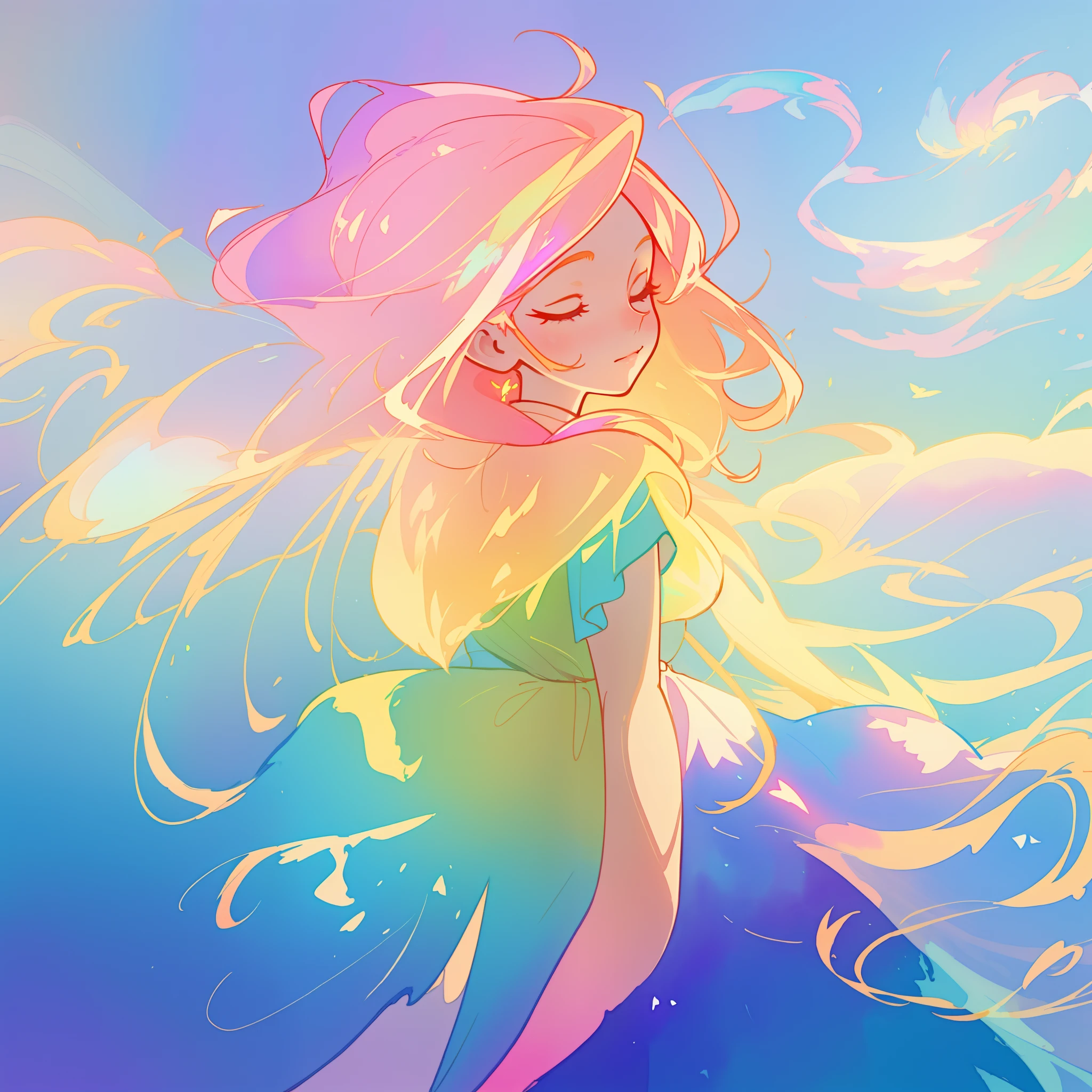 beautiful girl in ombre gradient dress, fairy dress, long golden pink hair, colorful watercolor background, watercolor illustration, inspired by Glen Keane, inspired by Lois van Baarle, disney art style, by Lois van Baarle, glowing aura around her, by Glen Keane, jen bartel, glowing lights! digital painting, flowing glowing hair, glowing flowing hair, beautiful digital illustration, fantasia otherworldly landscape plants flowers, beautiful, masterpiece, best quality, anime disney style