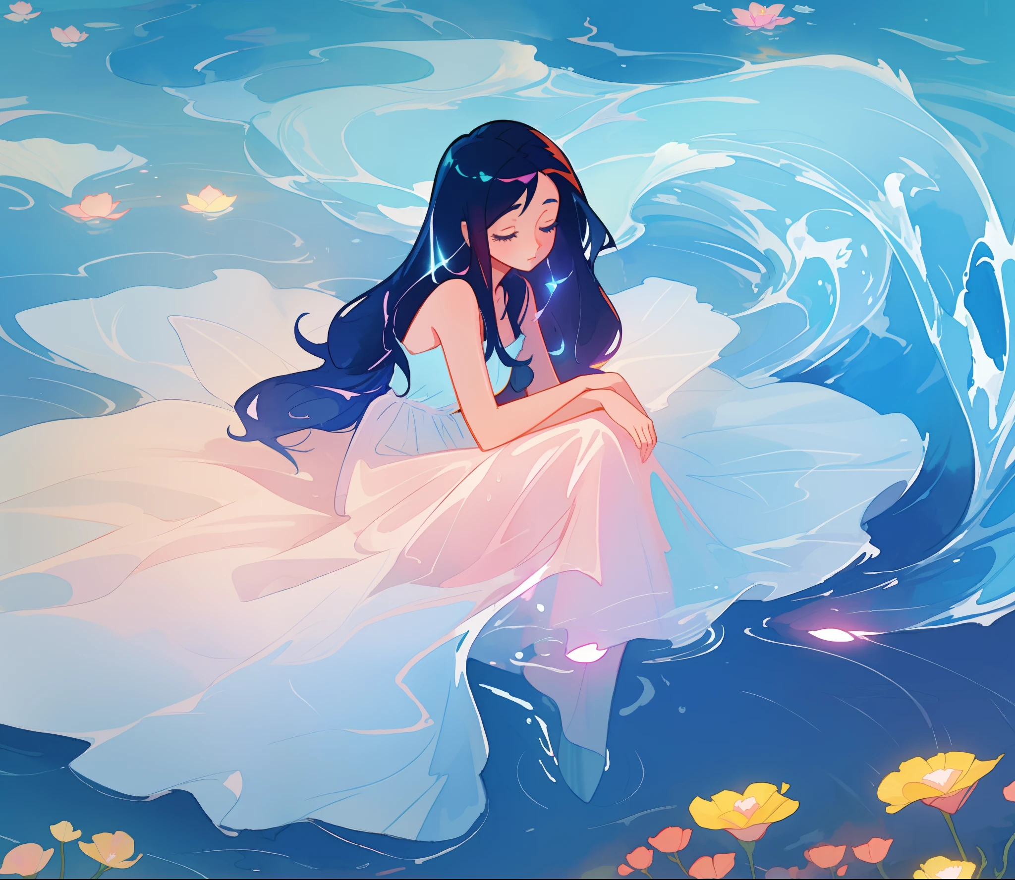 beautiful girl in white dress made of seafoam, long dark hair, beautiful girl sitting in the water, dress made of liquid, water nymph, water fairy, watercolor illustration, inspired by Glen Keane, inspired by Lois van Baarle, disney art style, by Lois van Baarle, glowing aura around her, by Glen Keane, jen bartel, glowing lights! digital painting, flowing glowing hair, glowing flowing hair, beautiful digital illustration, fantasia otherworldly landscape plants flowers, beautiful, masterpiece, best quality, anime disney style
