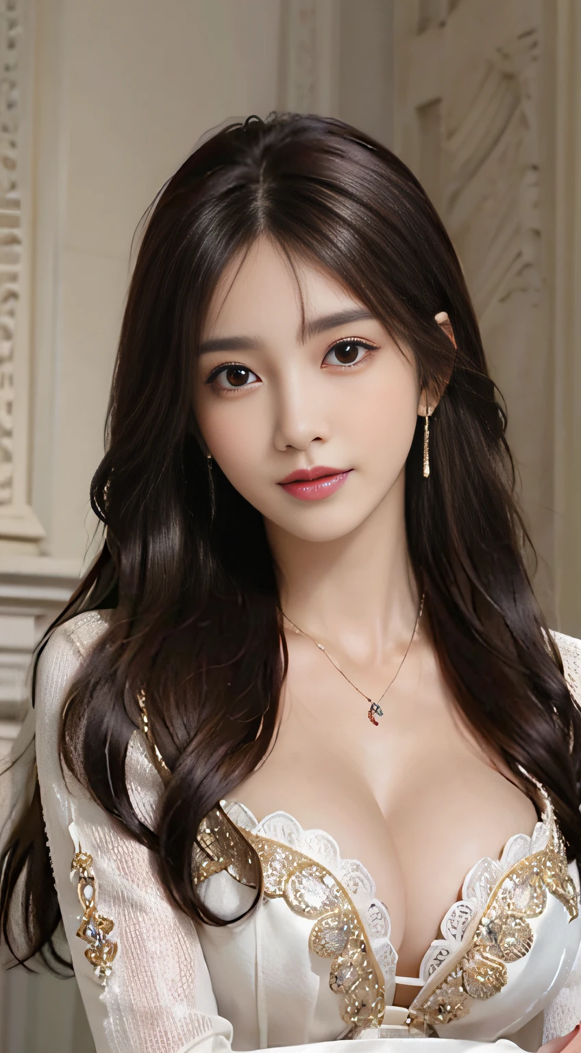 (((Brown longhair))), (Louvre Museum), Pose Seductive, (A hyper-realistic), (Illustration), (Increased resolution), (8KUHD), (Extremely detailed), (Best Illustration), (Beautiful and detailed eyes), (Best Quality), (ultra-detailliert), (masutepiece ), ( Wallpaper), (Detailed face), Solo, 1人の女性, Fine details, Detailed face, Deep Shadows, lowkey, pureerosfaceace_v1, Smiling, 46 point slanted bangs、Colorful dresses、cleavage of the breast、Big necklace、large earring、