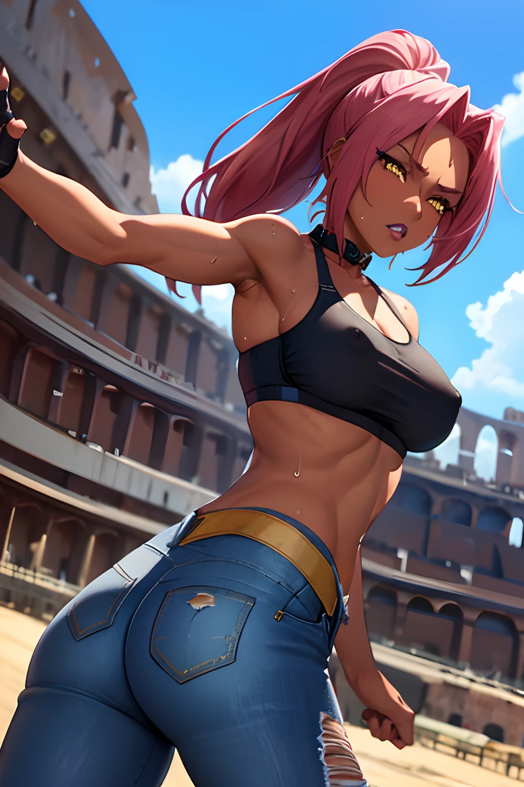ingrid,large breasts,erected nipples,mature female, (dark-skinned female:1.2), dark skin, determined, pink red hair, ponytail,Soft tendril hair, hair intakes, makeup, lipstick, (mole under mouth:0.8), eyelashes, yellow eyes,(sports bra top:1.2),(low-rise damaged short denim pant:1.3),no panties,(sweat gleaming skin:1.1), outdoors,sunlight, spotlight effect,bright sky, blue sky with clouds,strong wind, (colosseum),(highres, high quality:1.1), intricate details, cinematic lighting, 1girl,(cool beauty),(metal collar),(dynamic fighting pose:1.2),dynamic angle,