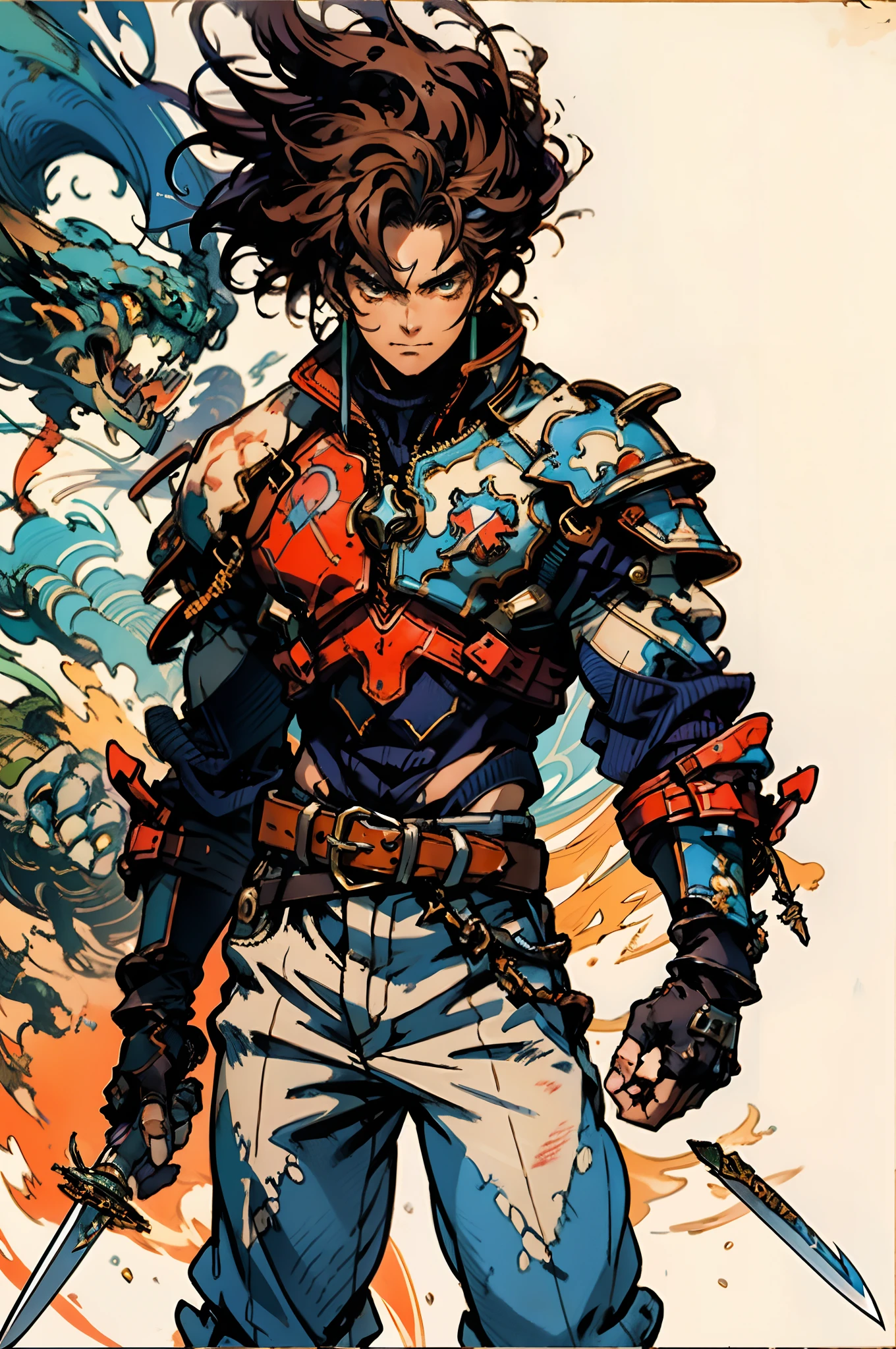 A young man with short orange-brown hair, a wild hairstyle, knife-like thick eyebrows, bright and spirited big eyes, a fearless expression, a smile at the corner of his mouth, he wears a bizarre fantasy surreal-style chest armor with scales textures, wearing a dark bodysuit underneath, fingerless gloves, a beautifully fur belt around his waist, matching coarse cloth trousers, undaunted and wild posture, the background depicts a torn sky and earth, this character embodies a finely crafted fantasy surreal-style in anime style, characterized by an exquisite and mature manga illustration art style, high definition, best quality, highres, ultra-detailed, ultra-fine painting, extremely delicate, professional, anatomically correct, symmetrical face, extremely detailed eyes and face, high quality eyes, creativity, RAW photo, UHD, 8k, Natural light, cinematic lighting, masterpiece-anatomy-perfect, masterpiece:1.5