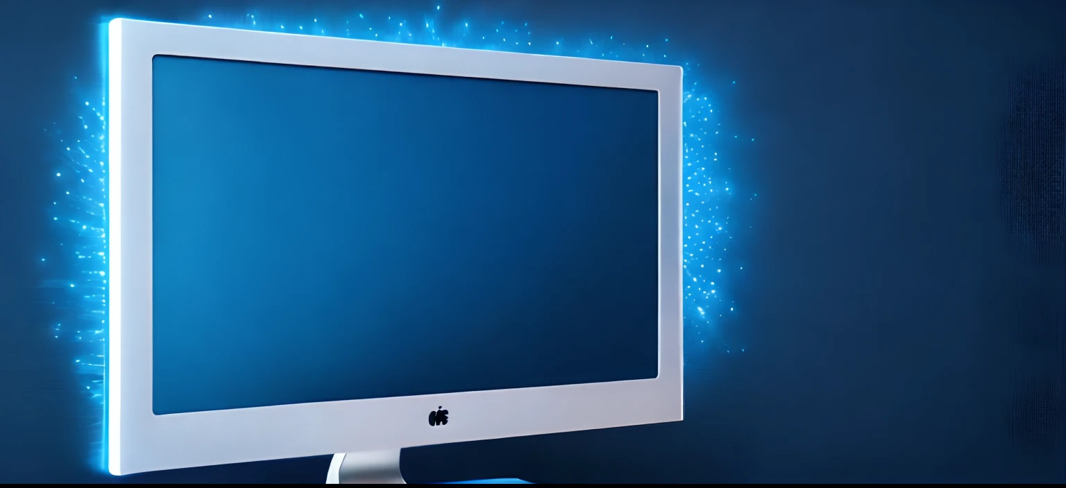 A computer monitor，It emits blue streamers，solid color backdrop，design sense，Professional typography，Special effect fibers float on the display with particles，