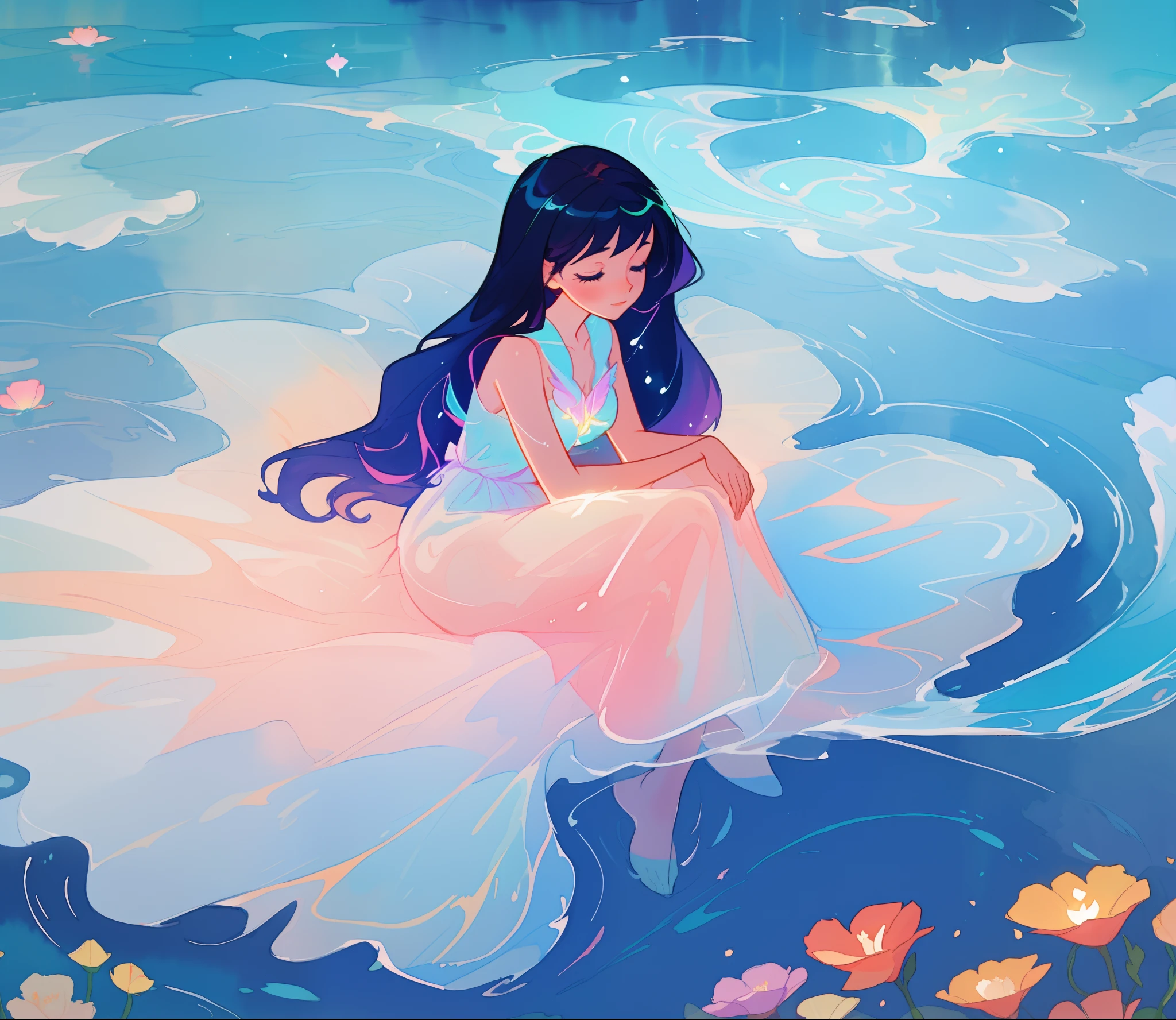 beautiful girl in white dress made of seafoam, long dark hair, beautiful girl sitting in the water, dress made of liquid, water nymph, water fairy, watercolor illustration, inspired by Glen Keane, inspired by Lois van Baarle, disney art style, by Lois van Baarle, glowing aura around her, by Glen Keane, jen bartel, glowing lights! digital painting, flowing glowing hair, glowing flowing hair, beautiful digital illustration, fantasia otherworldly landscape plants flowers, beautiful, masterpiece, best quality, anime disney style