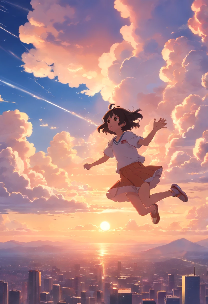 masterpiece, best quality, movie still, cute and crazy 11 year old Hispanic girl, cloud girl, floating in the sky, holding a Jaguar plushie, close-up, bright, happy, warm soft lighting, sunset, (sparks:0.7)