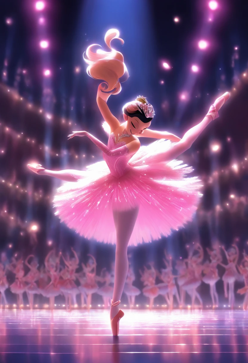 ( estilo pixar ) garotinha, Wear a pink dance costume, Dancing Swan Lake on stage, fundo preto,stage lighting.