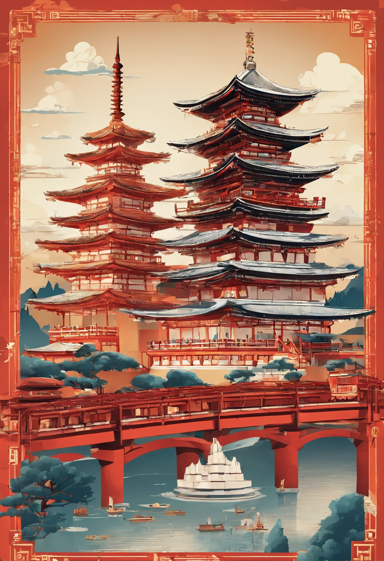 a set of travel and landmarks icons including the world's landmarks, castles and temple details, japan travel and tourism, detailed buildings, european japanese buildings, all buildings on bridge, many buildings, 3 0, european buildings, lots of buildings, cities, tourist destination, flat illustration, detailed scenery —width 672, soaring towers and bridges, minimalist cartoon style, monumental structures