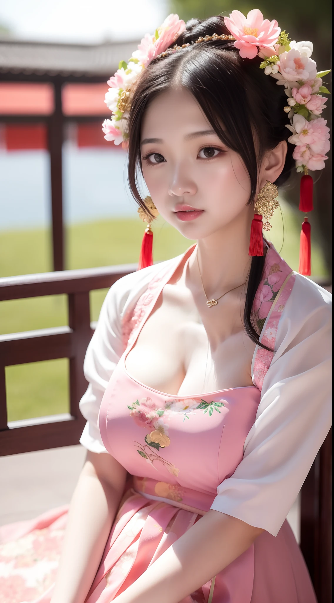 Close-up of a young girl in a pink dress and a green flower headdress, China Princess, Chinese girl, Palace ， A girl in Hanfu, Young Asian girl, Princesa chinesa antiga, Cute young girl, Chinese style, young girl, cute beautiful, Beautiful character painting, beautiful portrait image, Very beautiful girl, Asian girl, Chinese traditional, Chinese costume，Huge breasts，Big tits