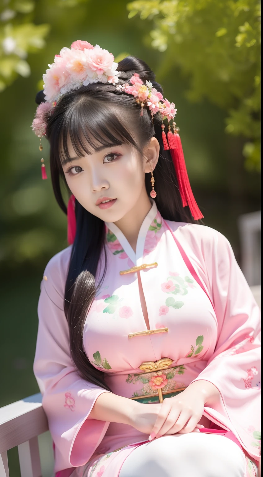 Close-up of a young girl in a pink dress and a green flower headdress, China Princess, Chinese girl, Palace , A girl in Hanfu, Young Asian girl, Princesa chinesa antiga, Cute young girl, Chinese style, young girl, cute beautiful, Beautiful character painting, beautiful portrait image, Very beautiful girl, Asian girl, Chinese traditional, Chinese costume,Huge breasts